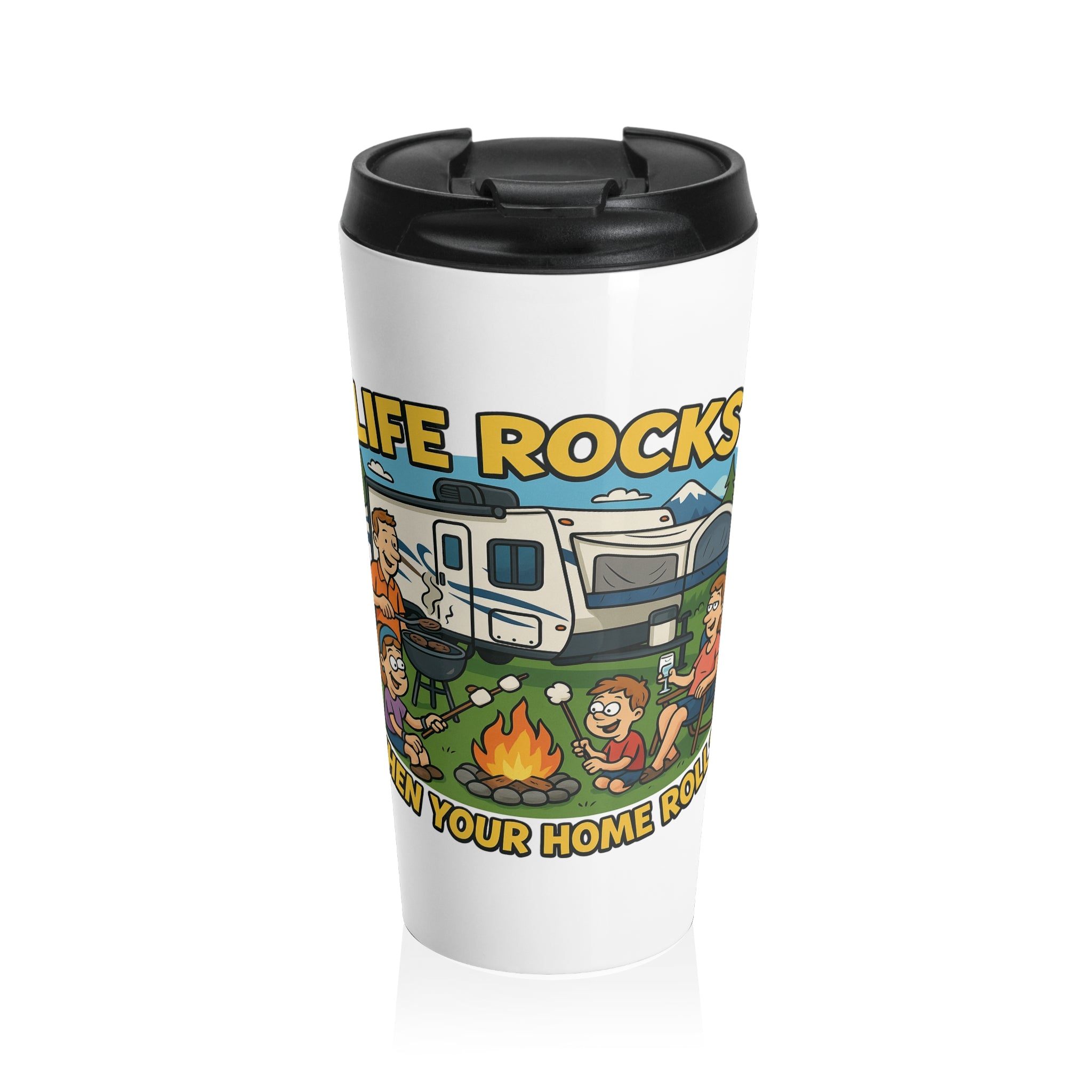 Adventure-Themed Stainless Steel Travel Mug | Camping Coffee Cup | Outdoorsy Gift | Road Trip Essential | Life Rocks Design