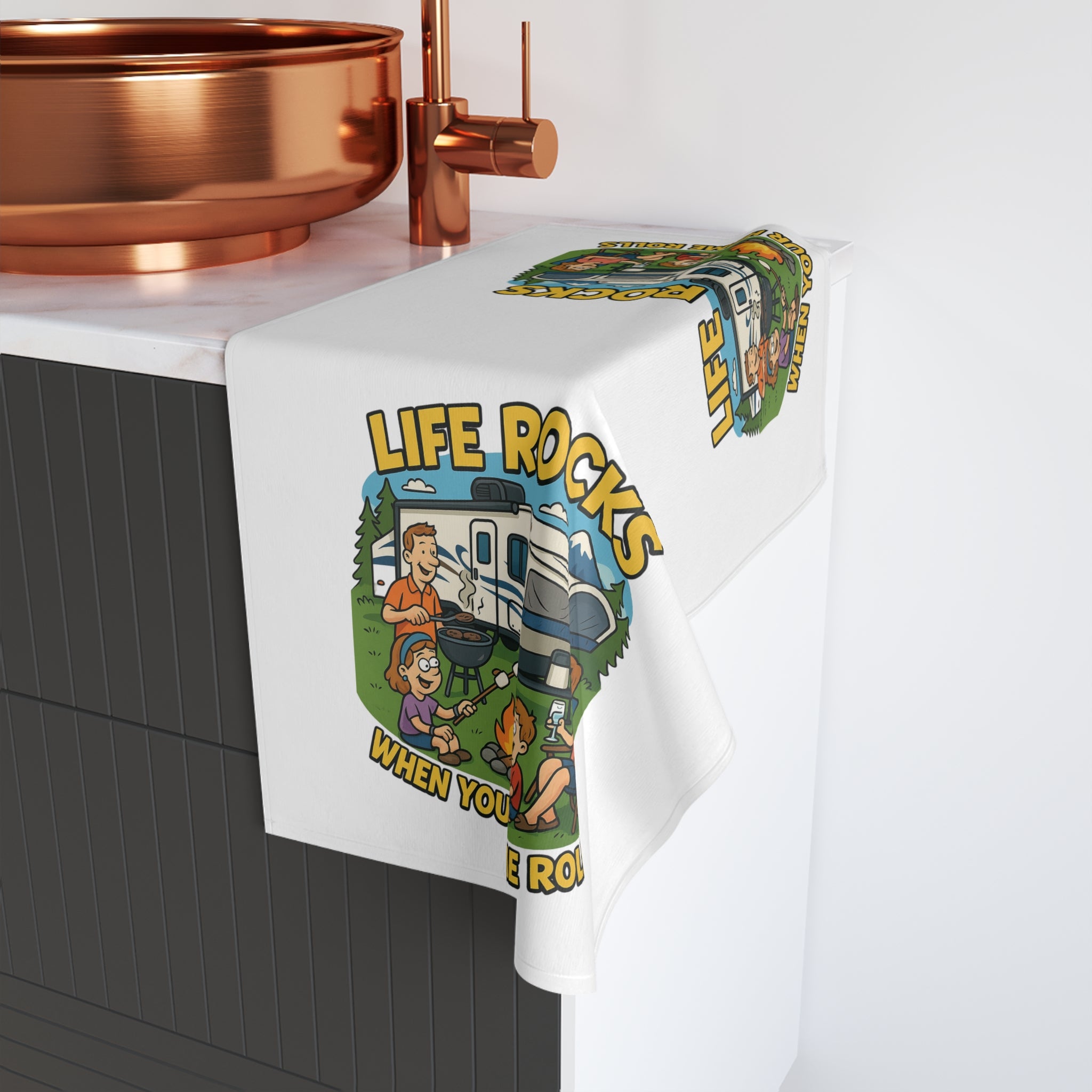 RV Camping Hand Towel, Fun Outdoor Towels, Gift for Campers, Kitchen Towel, Life Rocks Home Rolls