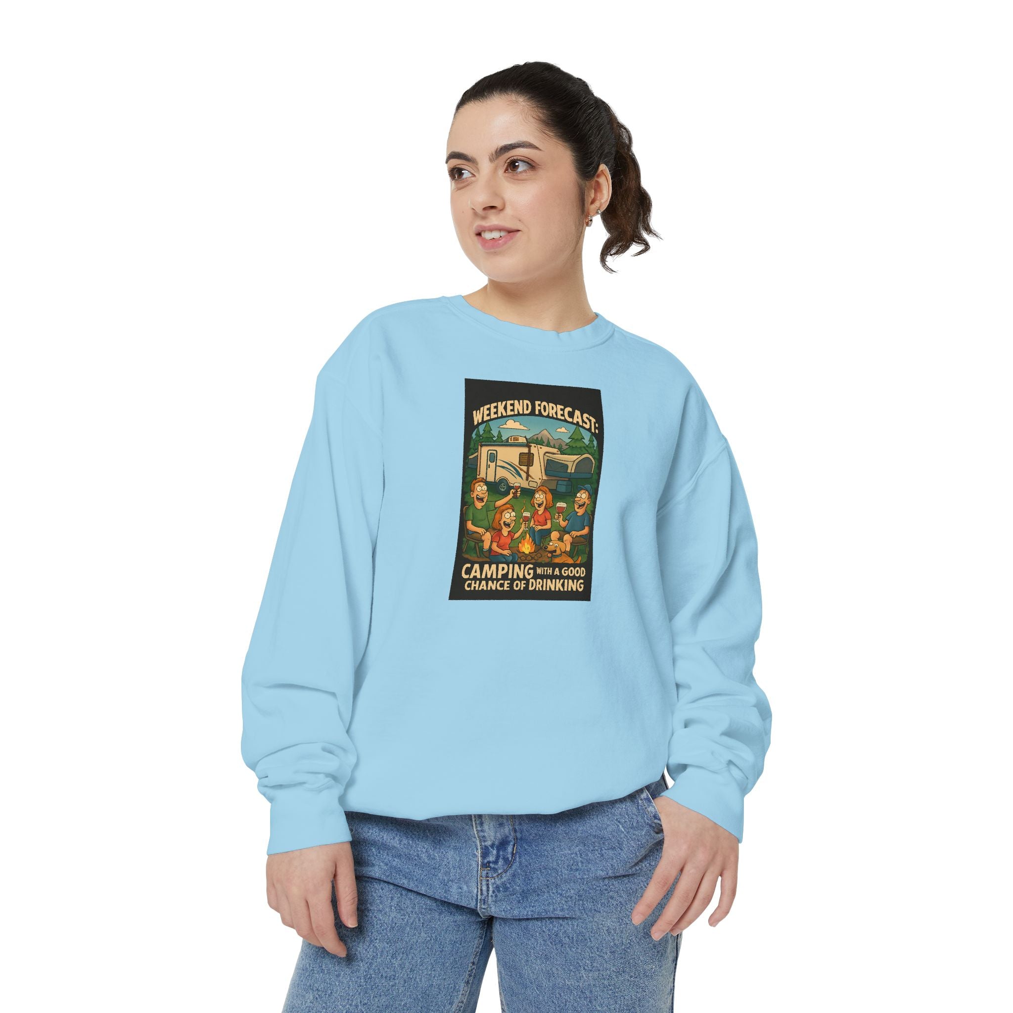 Weekend Forecast Camping Sweatshirt, Cozy Unisex Sweatshirt, Gift for Campers, Outdoor Adventure Apparel, Relaxed Fit Sweatshirt