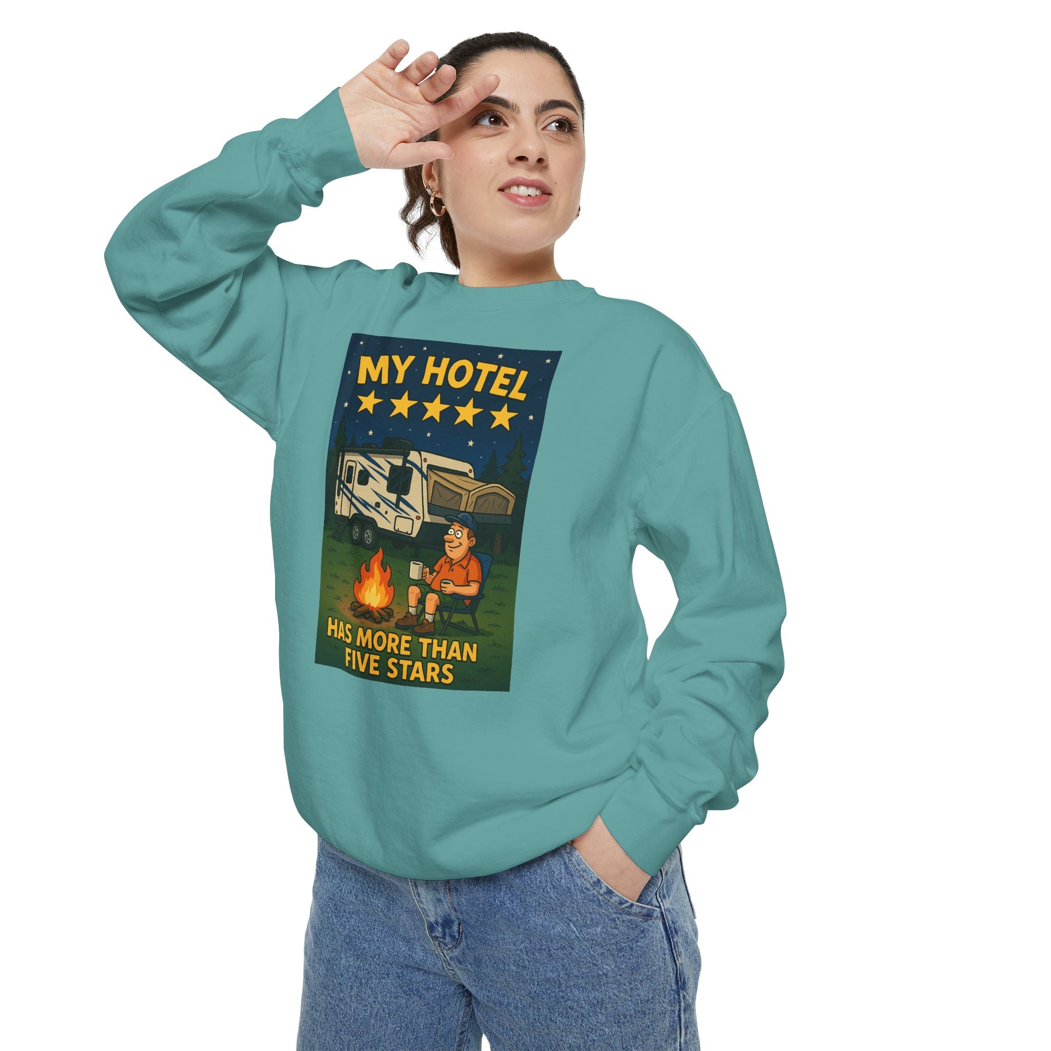 My Hotel Sweatshirt - Cozy Camping Apparel, Unisex Garment-Dyed Sweatshirt for Outdoor Lovers, Perfect for Bonfire Nights, Gift for Campers