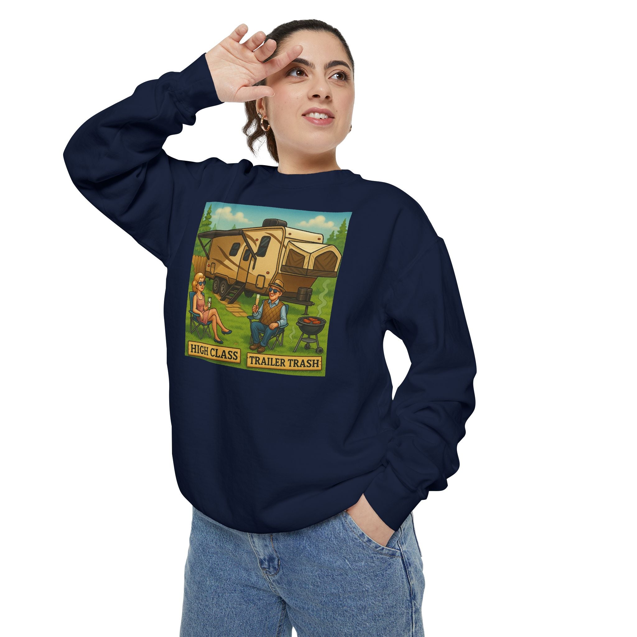 Vintage-Inspired Unisex Sweatshirt with 'High Class Trail Trash' Design