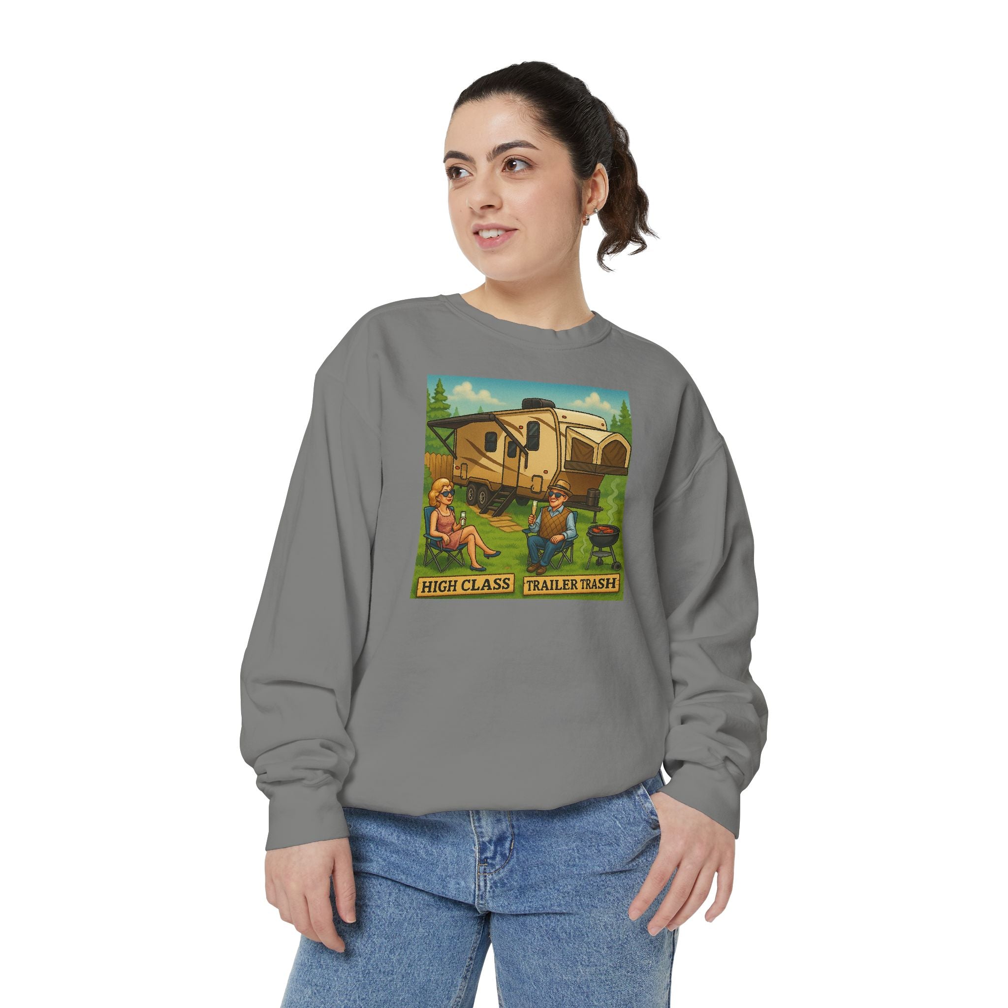Vintage-Inspired Unisex Sweatshirt with 'High Class Trail Trash' Design