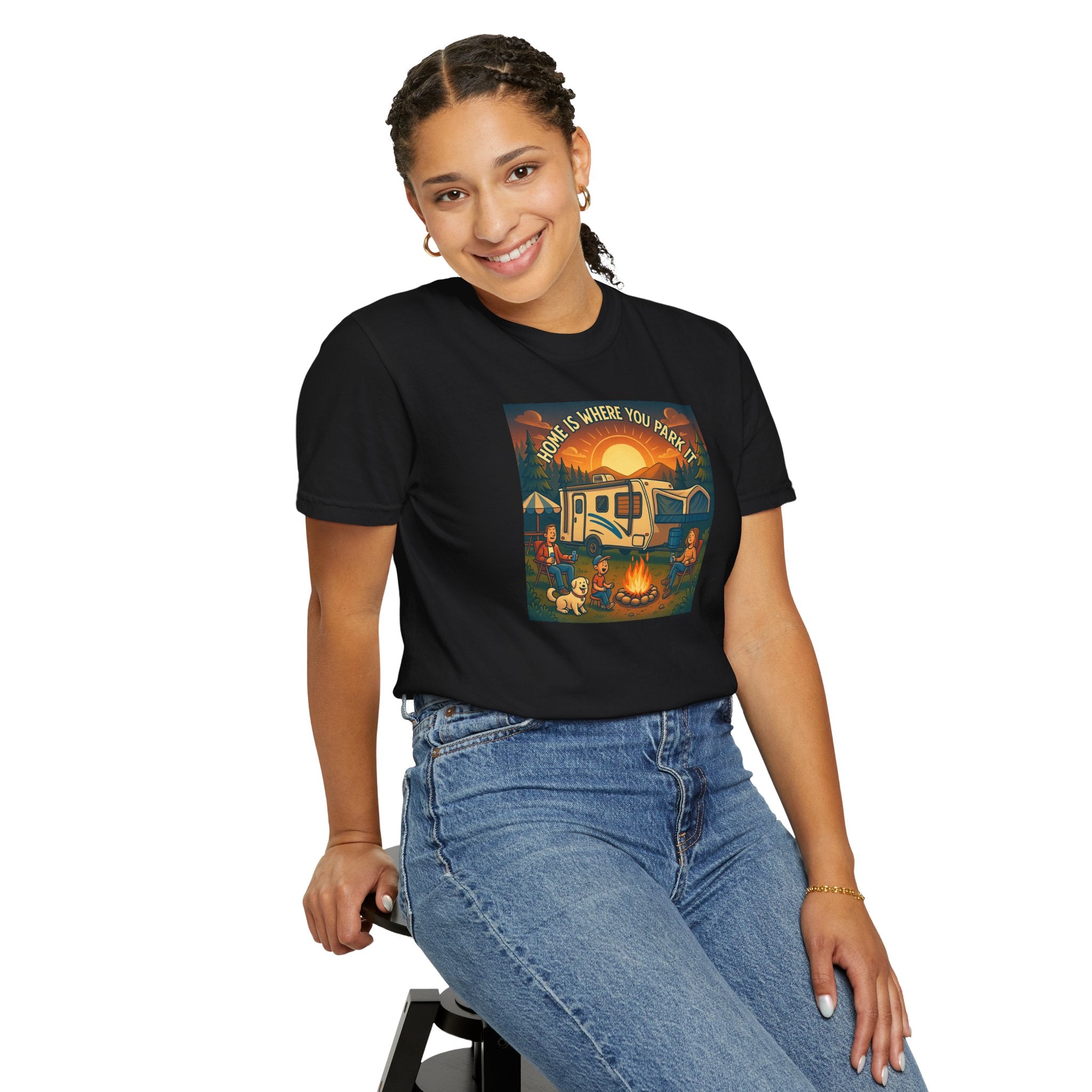 Home Is Where You Park T-shirt - Unisex Garment-Dyed Tee for Campers, Adventure Lovers, Outdoor Enthusiasts, Gift Idea