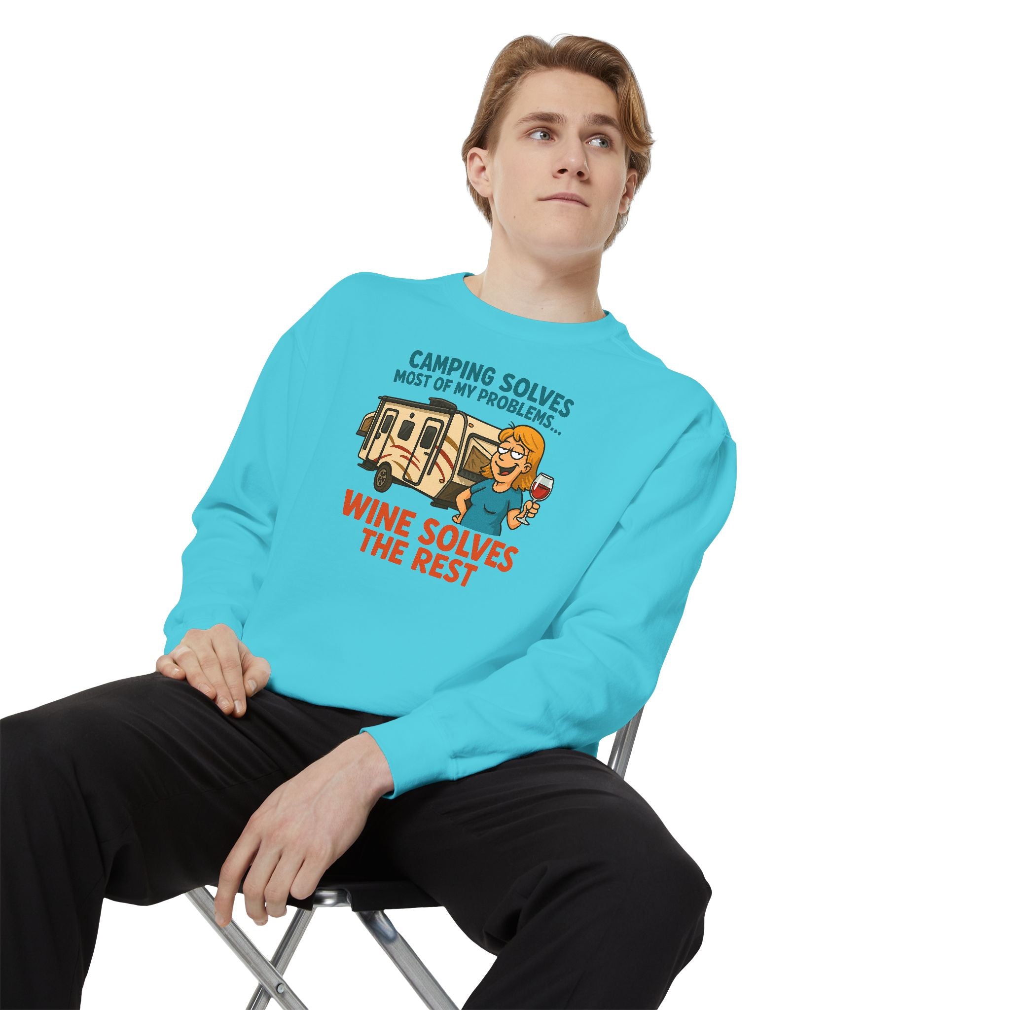 Camping Wine Sweatshirt | Unisex Garment-Dyed Pullover | Cozy Gift for Campers | Outdoor Adventures Apparel | Relaxed Fit Top