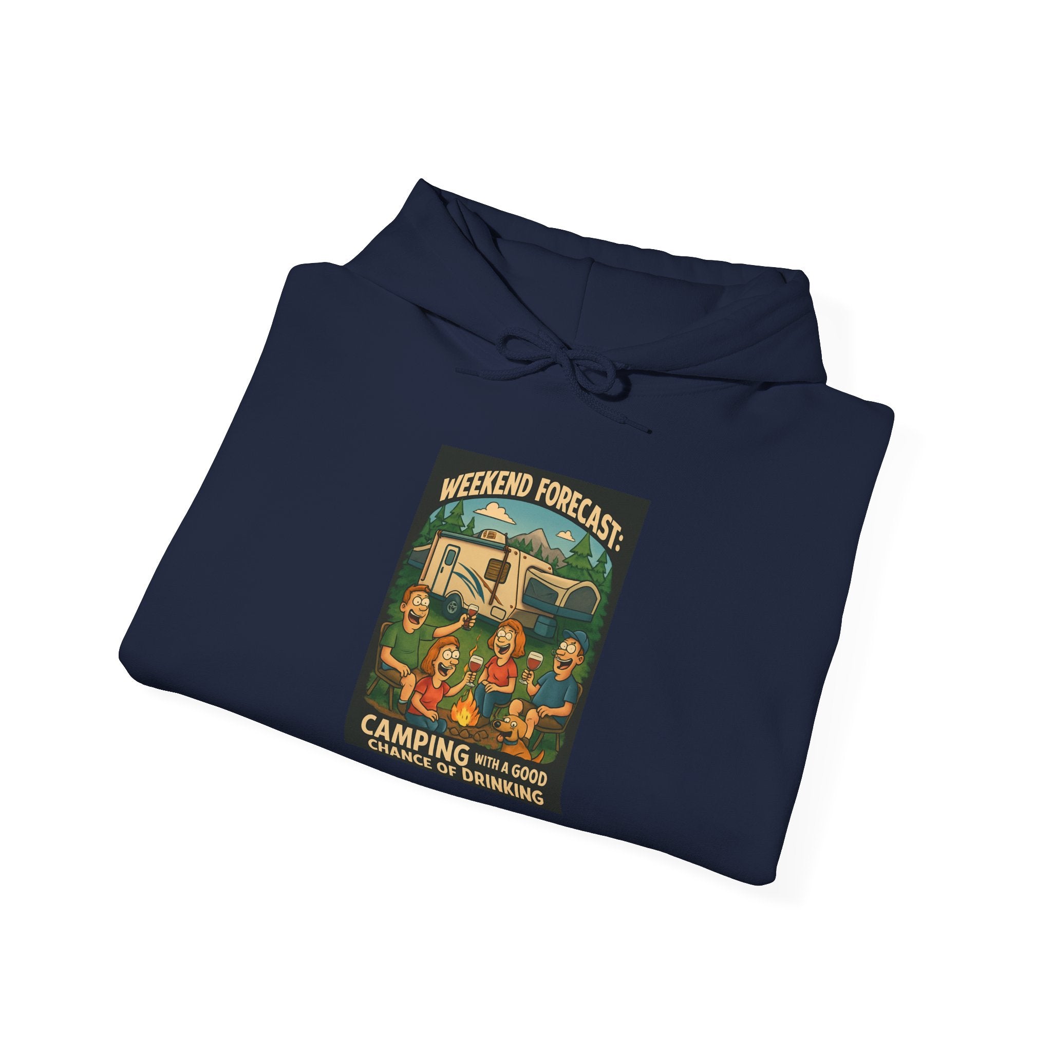 Camping Forecast Graphic Hoodie, Unisex Heavy Blend Sweatshirt, Outdoor Apparel, Weekend Getaway Gift, Nature Lover Clothing