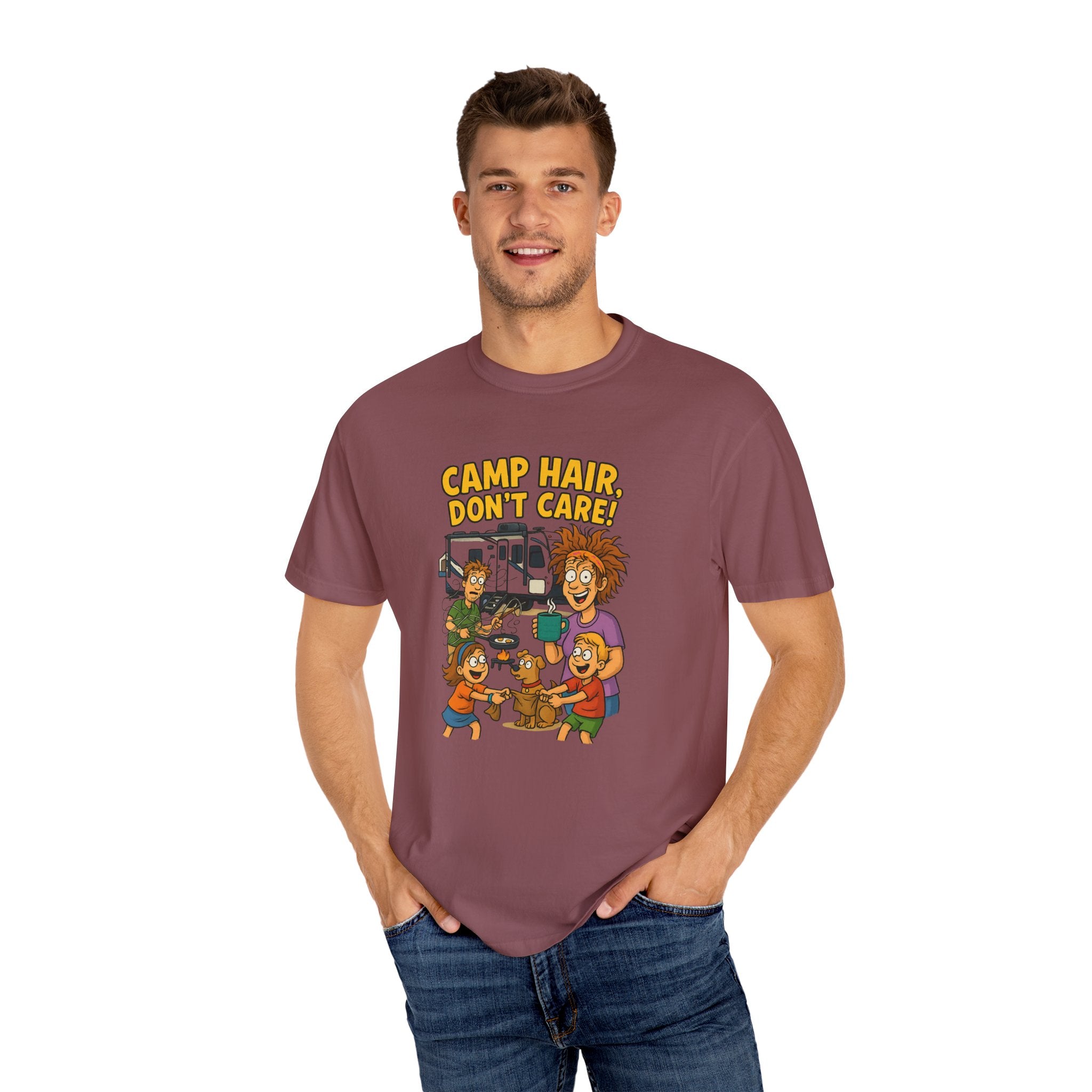 Camp Hair Don't Care T-Shirt, Unisex Garment-Dyed Tee, Camping Apparel, Funny Summer Shirt, Outdoor Lovers Gift, Vacation Essential