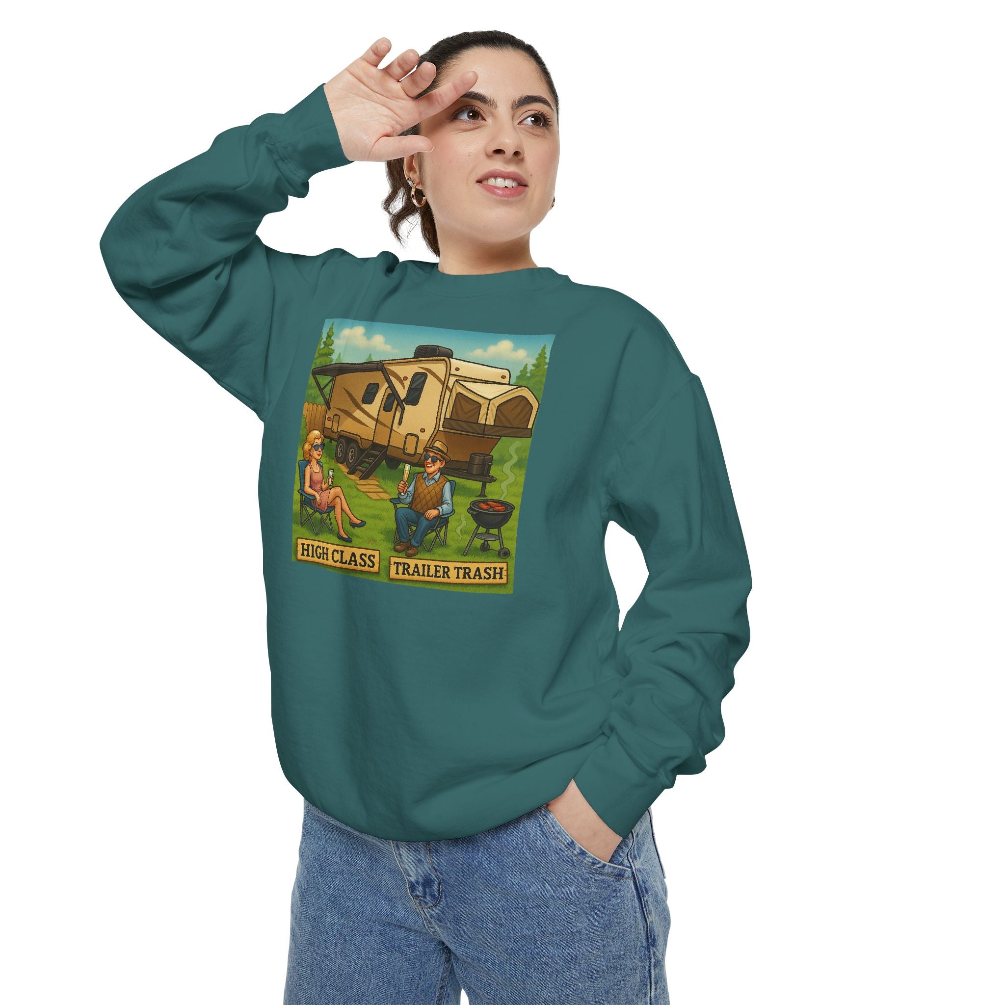 Vintage-Inspired Unisex Sweatshirt with 'High Class Trail Trash' Design