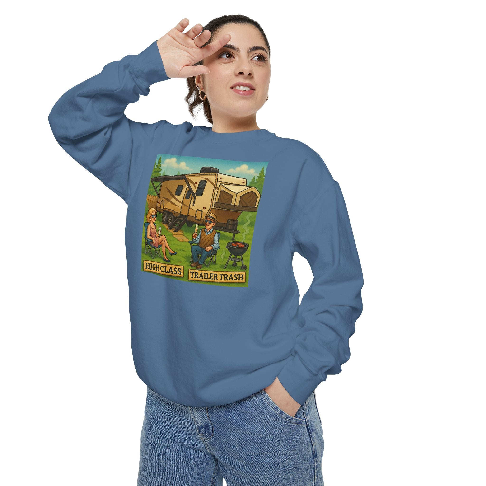 Vintage-Inspired Unisex Sweatshirt with 'High Class Trail Trash' Design
