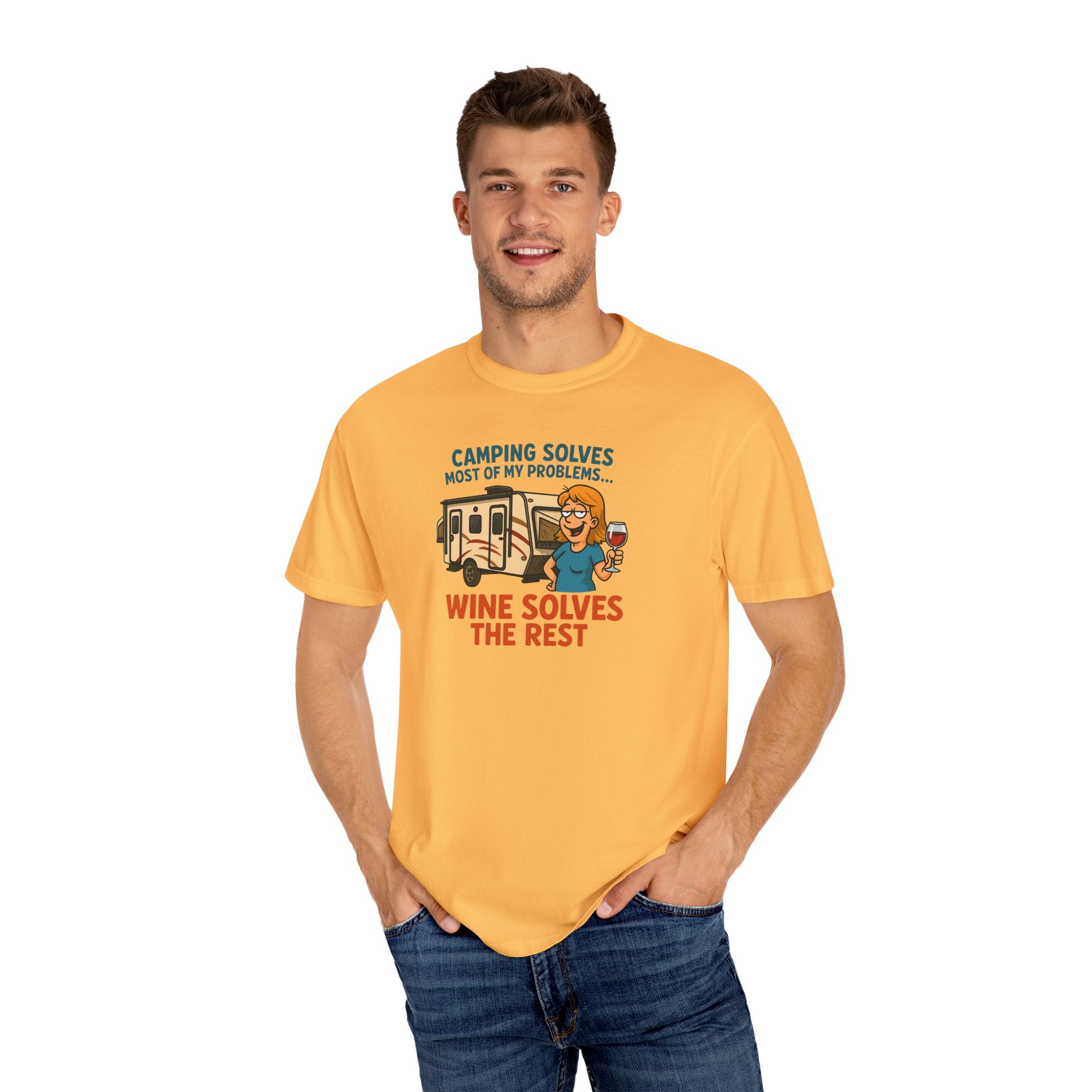 Camping & Wine Unisex T-Shirt, Relaxed Fit Tee, Perfect Gift for Campers, Wine Lovers, Outdoor Enthusiasts, Summer Celebrations