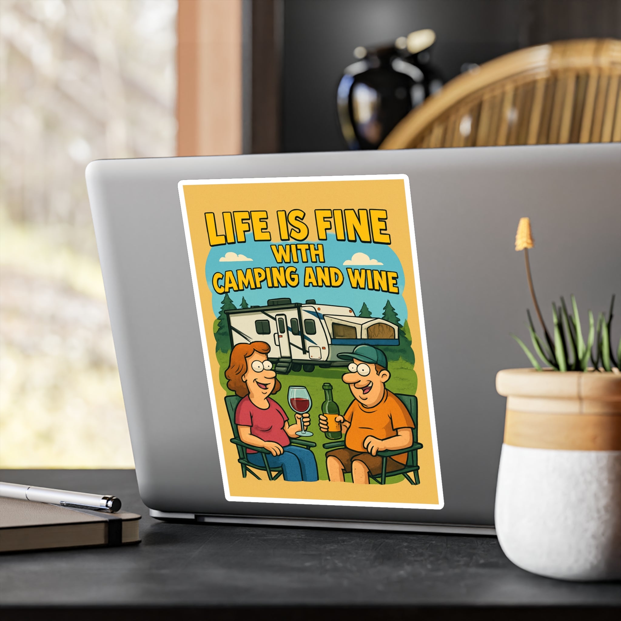 Life is Fine Camping and Wine | Kiss-Cut Vinyl Decals | Fun Outdoor Decor, RV Life Stickers, Gift for Campers, Hiking Gear