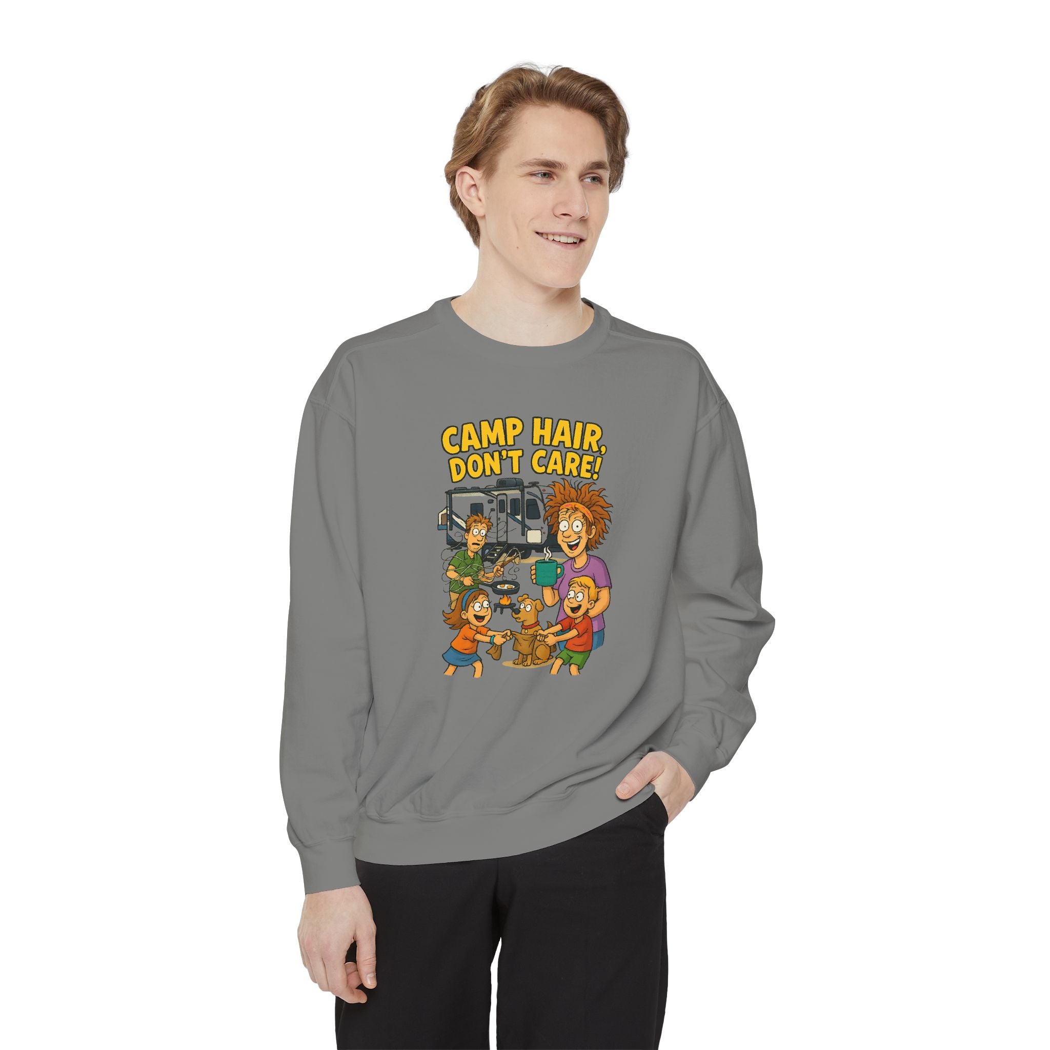 Camp Hair Don't Care Sweatshirt, Cozy Unisex Sweater, Perfect for Campers, Gift for Travel Lovers, Casual Outfit, All Season