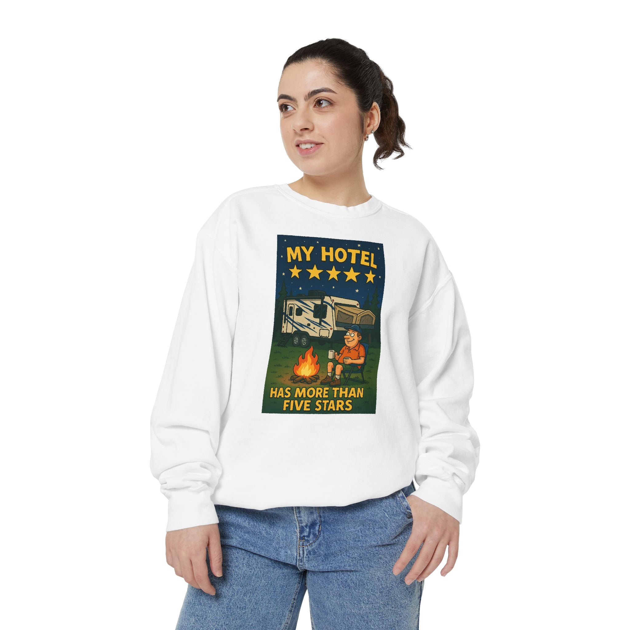 My Hotel Sweatshirt - Cozy Camping Apparel, Unisex Garment-Dyed Sweatshirt for Outdoor Lovers, Perfect for Bonfire Nights, Gift for Campers