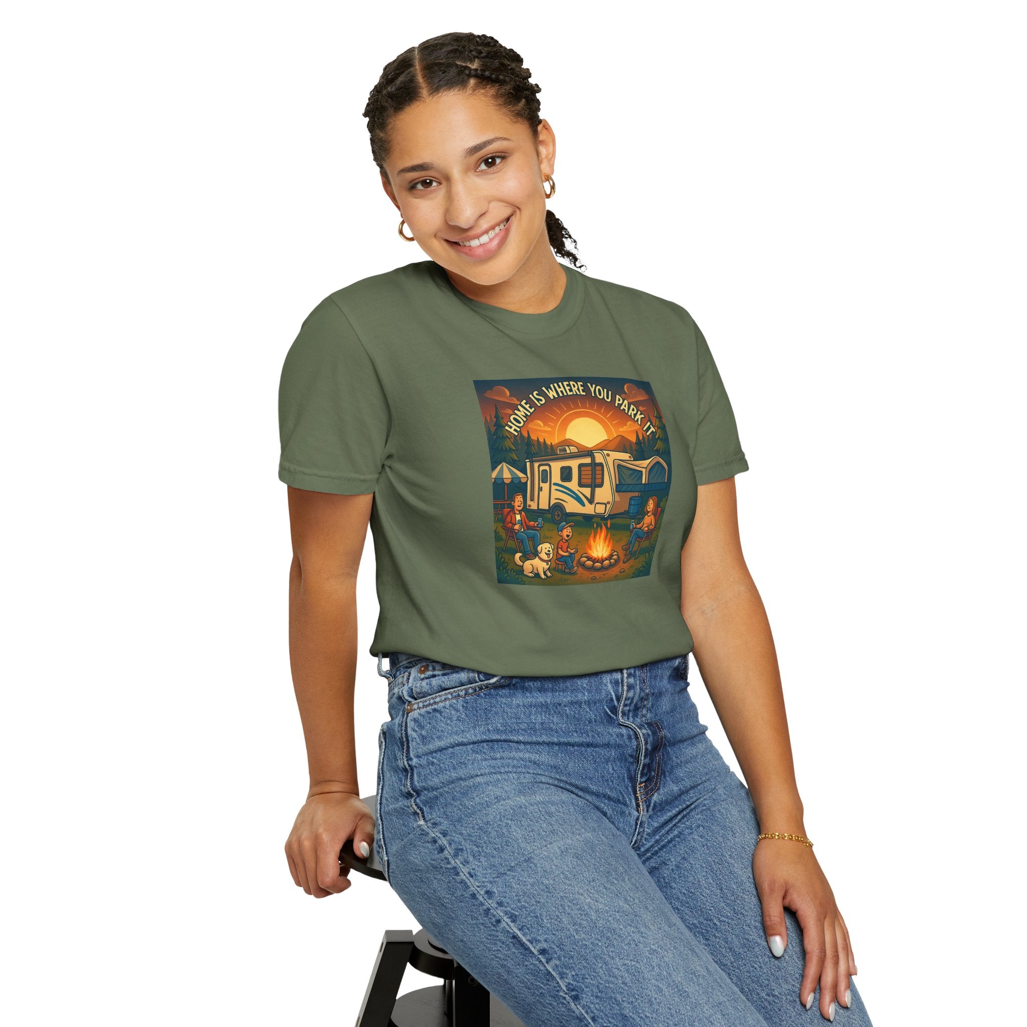 Home Is Where You Park T-shirt - Unisex Garment-Dyed Tee for Campers, Adventure Lovers, Outdoor Enthusiasts, Gift Idea