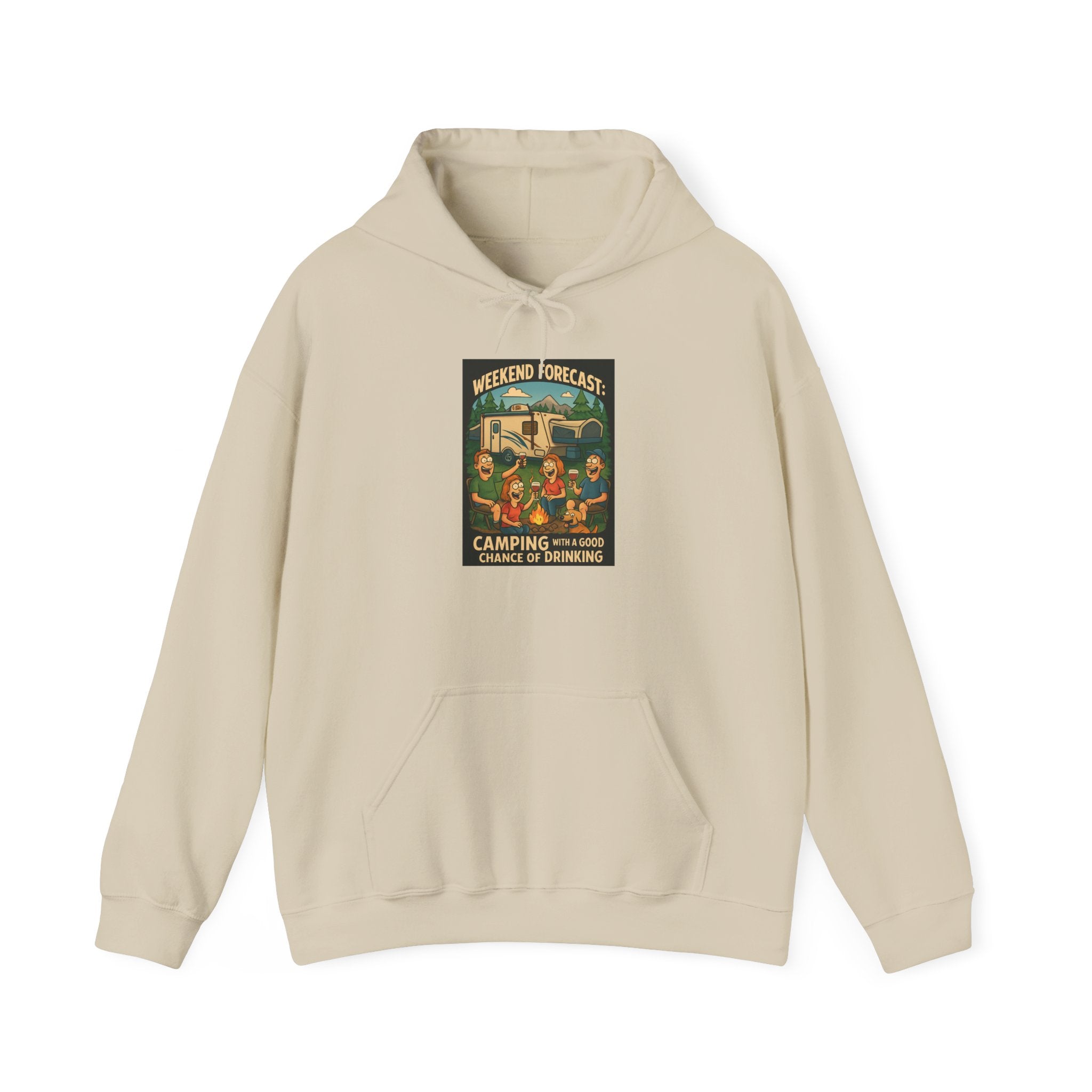 Camping Forecast Graphic Hoodie, Unisex Heavy Blend Sweatshirt, Outdoor Apparel, Weekend Getaway Gift, Nature Lover Clothing