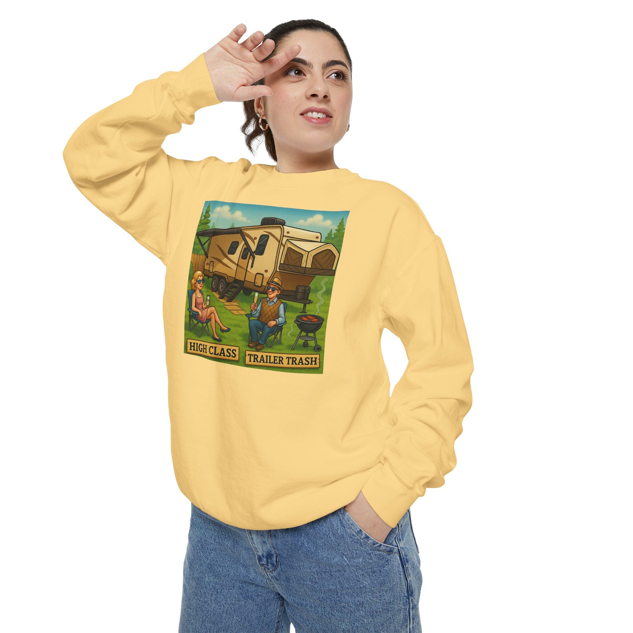 Vintage-Inspired Unisex Sweatshirt with 'High Class Trail Trash' Design
