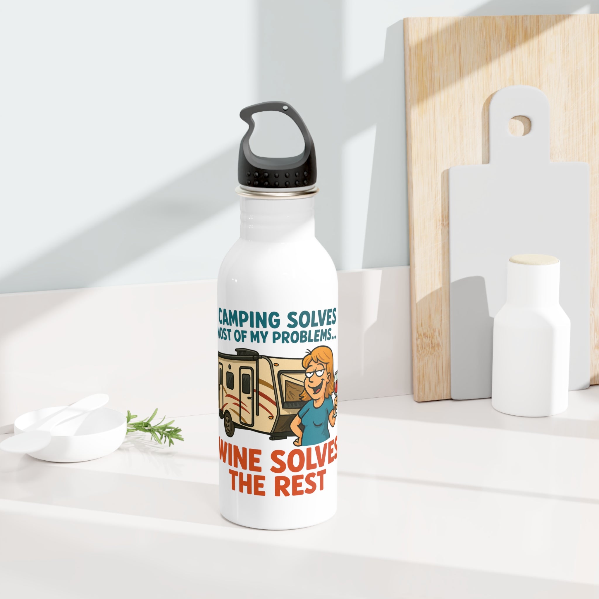 Camping Wine Problem Solver Water Bottle, Travel Mug, Outdoor Gear Gift, Fun Camping Accessories, Adventure Hydration Bottle