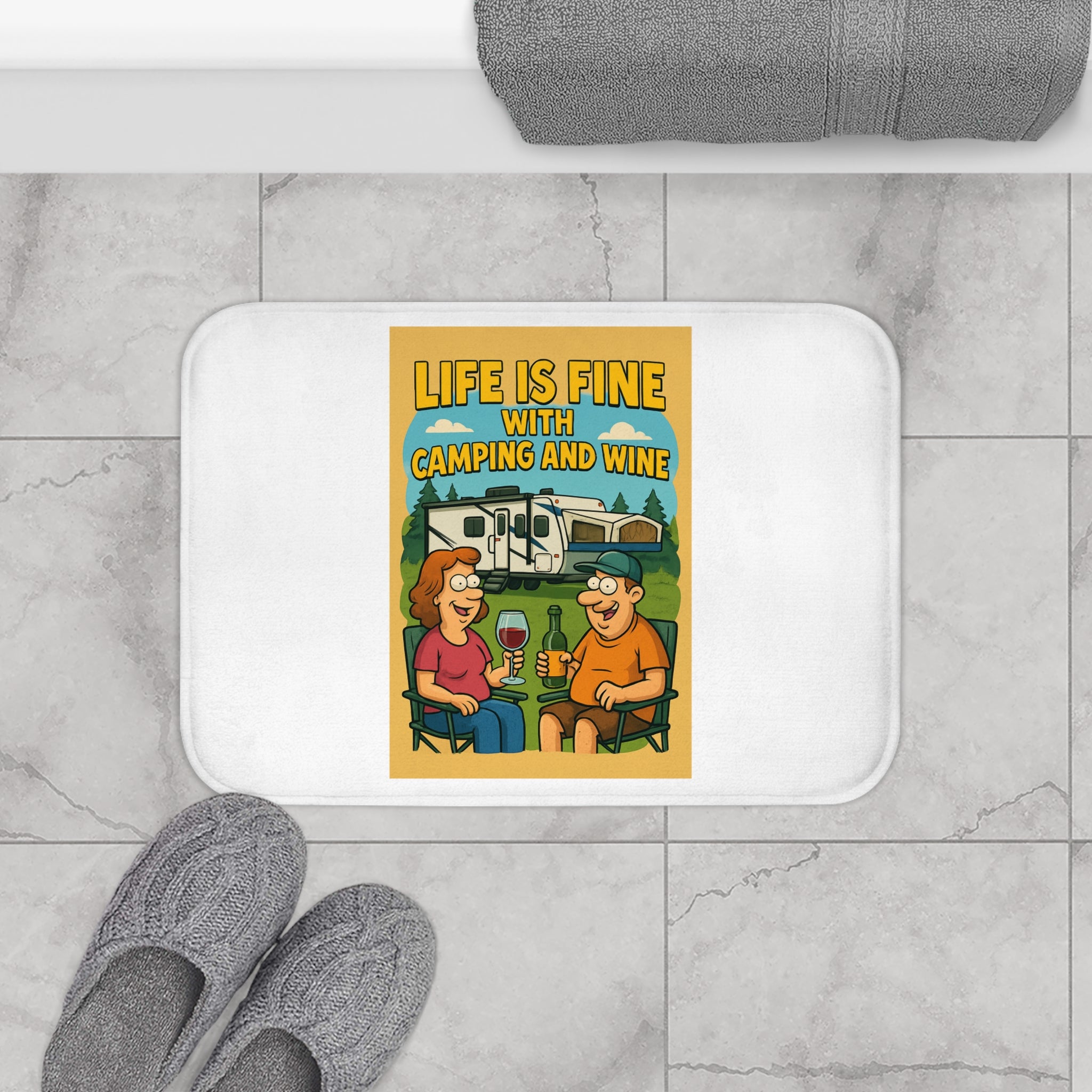 Camping & Wine Bath Mat - Life is Fine, RV Decor, Kitchen Mat, Home Gift, Outdoorsy Bathroom Accessories