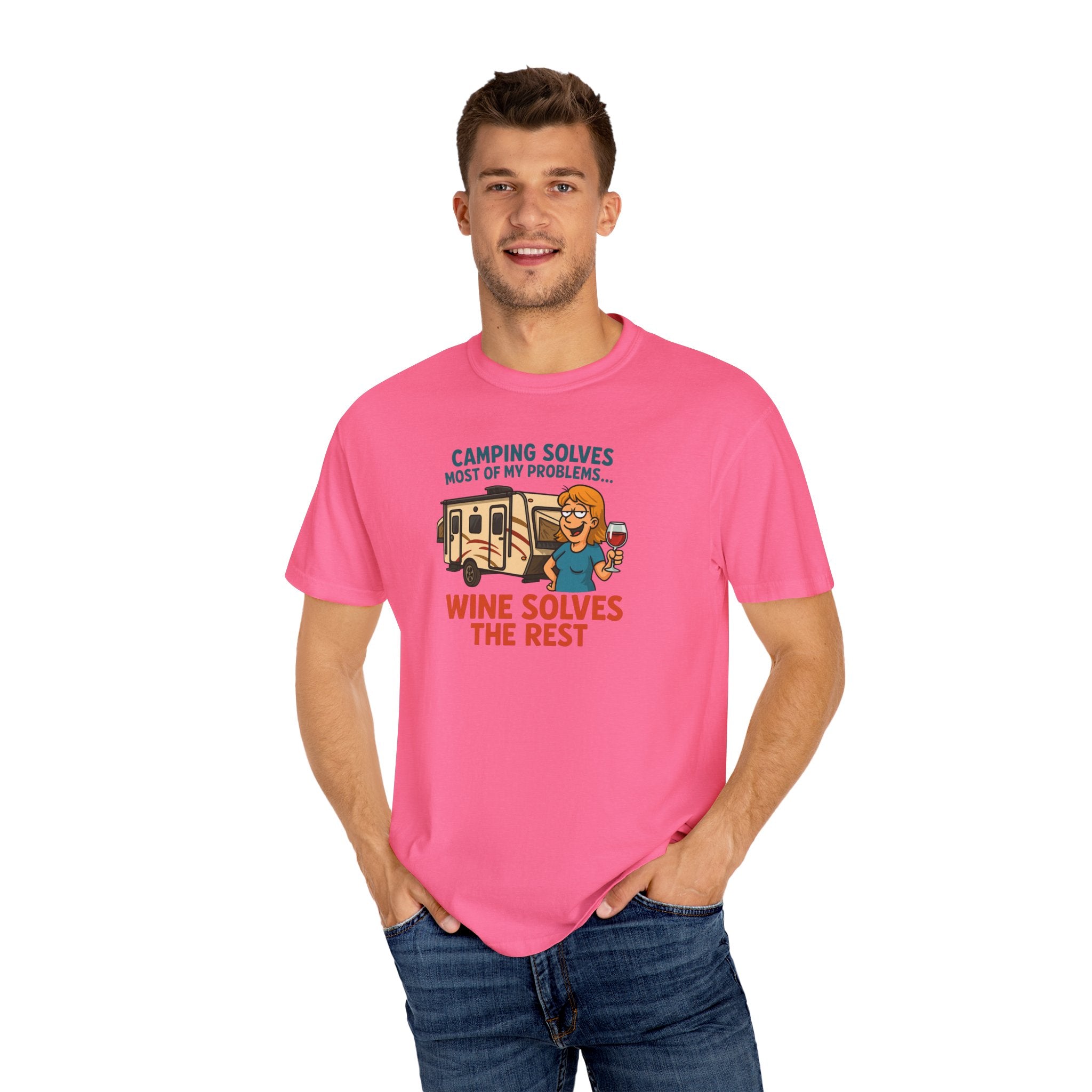 Camping & Wine Unisex T-Shirt, Relaxed Fit Tee, Perfect Gift for Campers, Wine Lovers, Outdoor Enthusiasts, Summer Celebrations