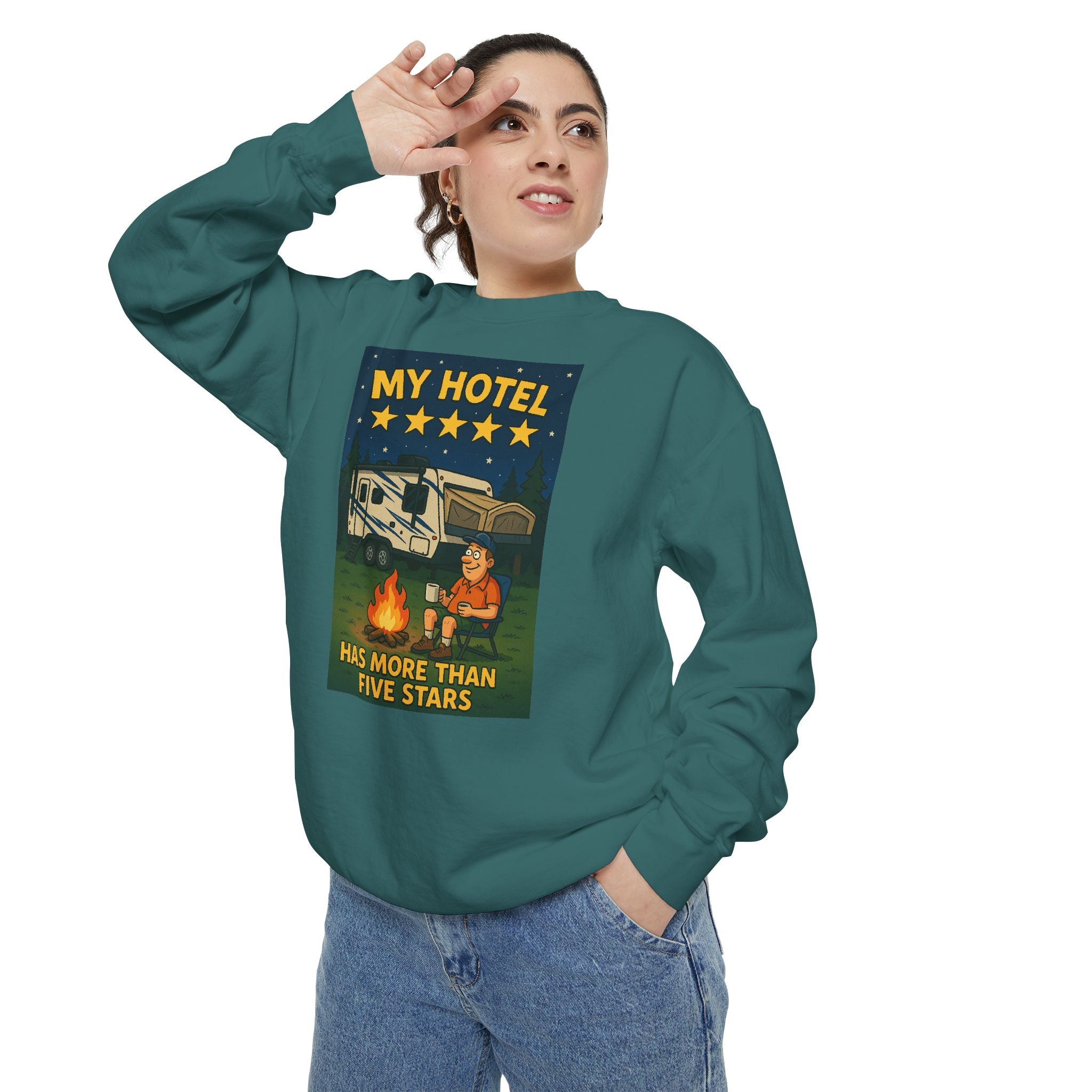 My Hotel Sweatshirt - Cozy Camping Apparel, Unisex Garment-Dyed Sweatshirt for Outdoor Lovers, Perfect for Bonfire Nights, Gift for Campers