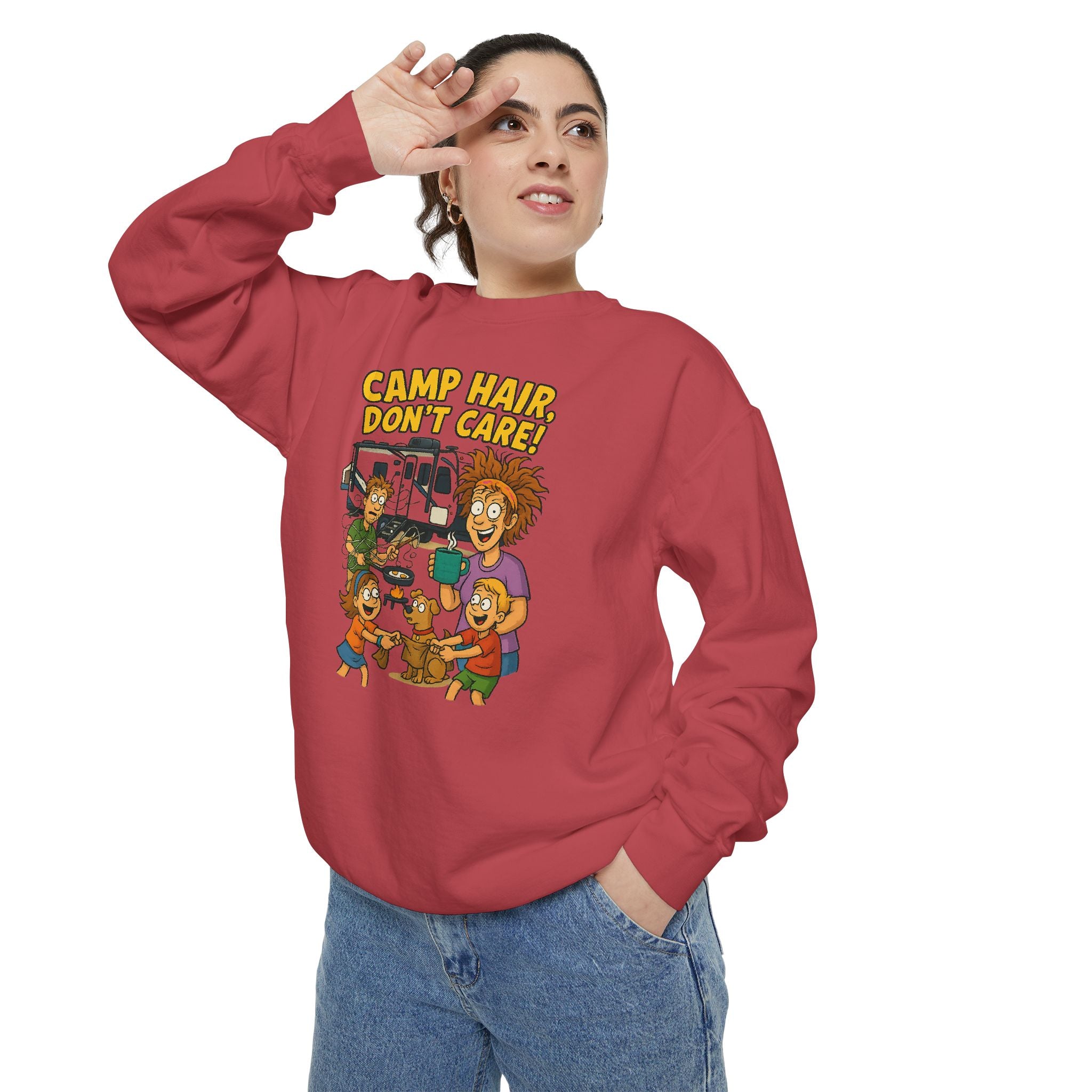 Camp Hair Don't Care Sweatshirt, Cozy Unisex Sweater, Perfect for Campers, Gift for Travel Lovers, Casual Outfit, All Season