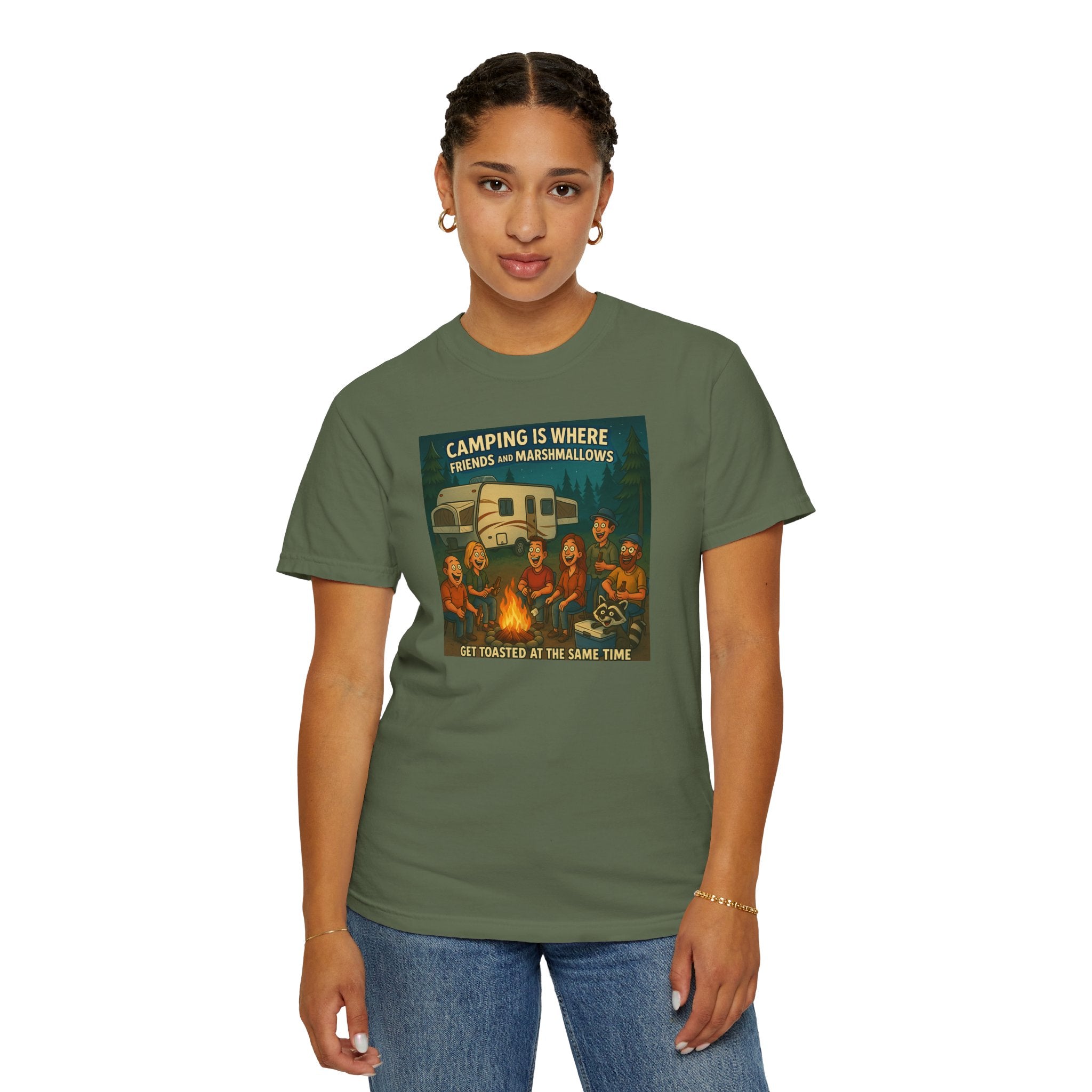 Camping T-Shirt: Get Toasted with Friends, Unisex Garment-Dyed Tee, Outdoor Adventure Shirt, Camping Gift, Summer BBQ Shirt, Family [...]
