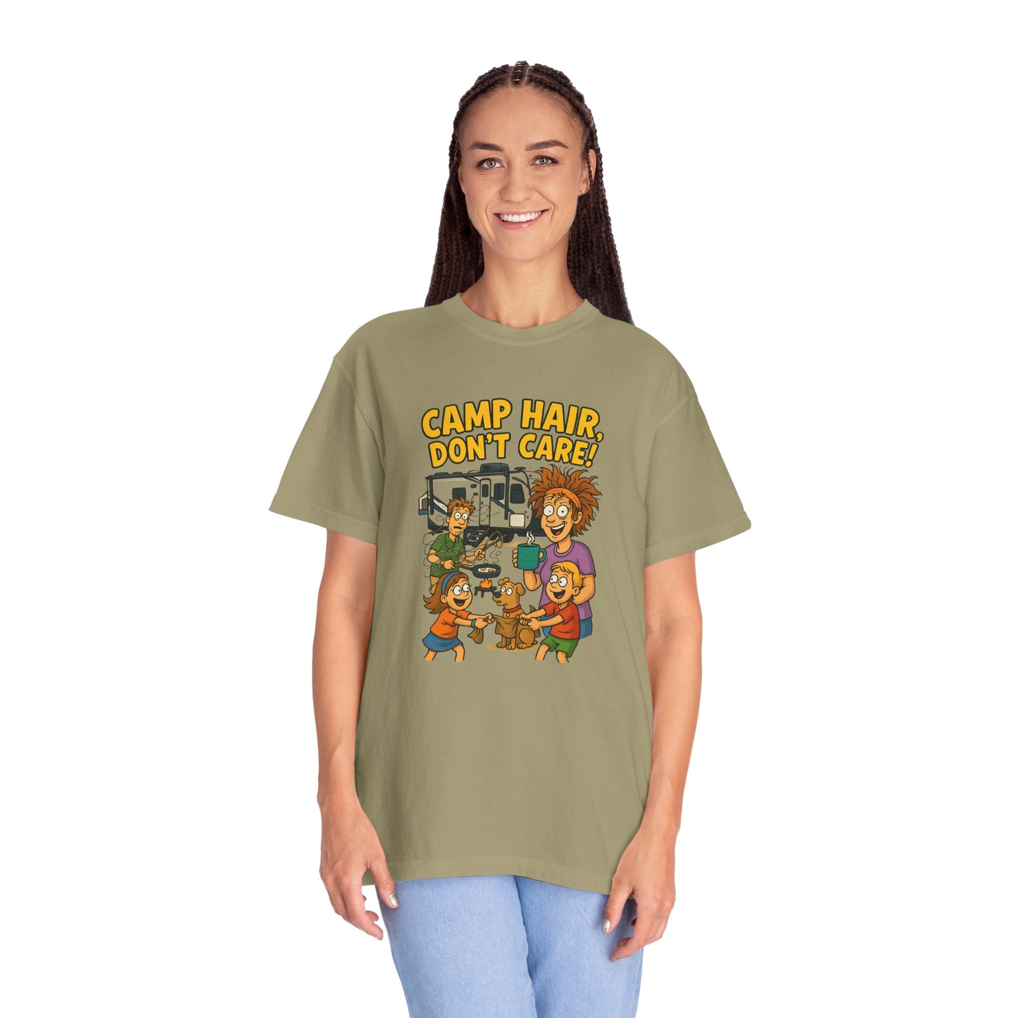 Camp Hair Don't Care T-Shirt, Unisex Garment-Dyed Tee, Camping Apparel, Funny Summer Shirt, Outdoor Lovers Gift, Vacation Essential