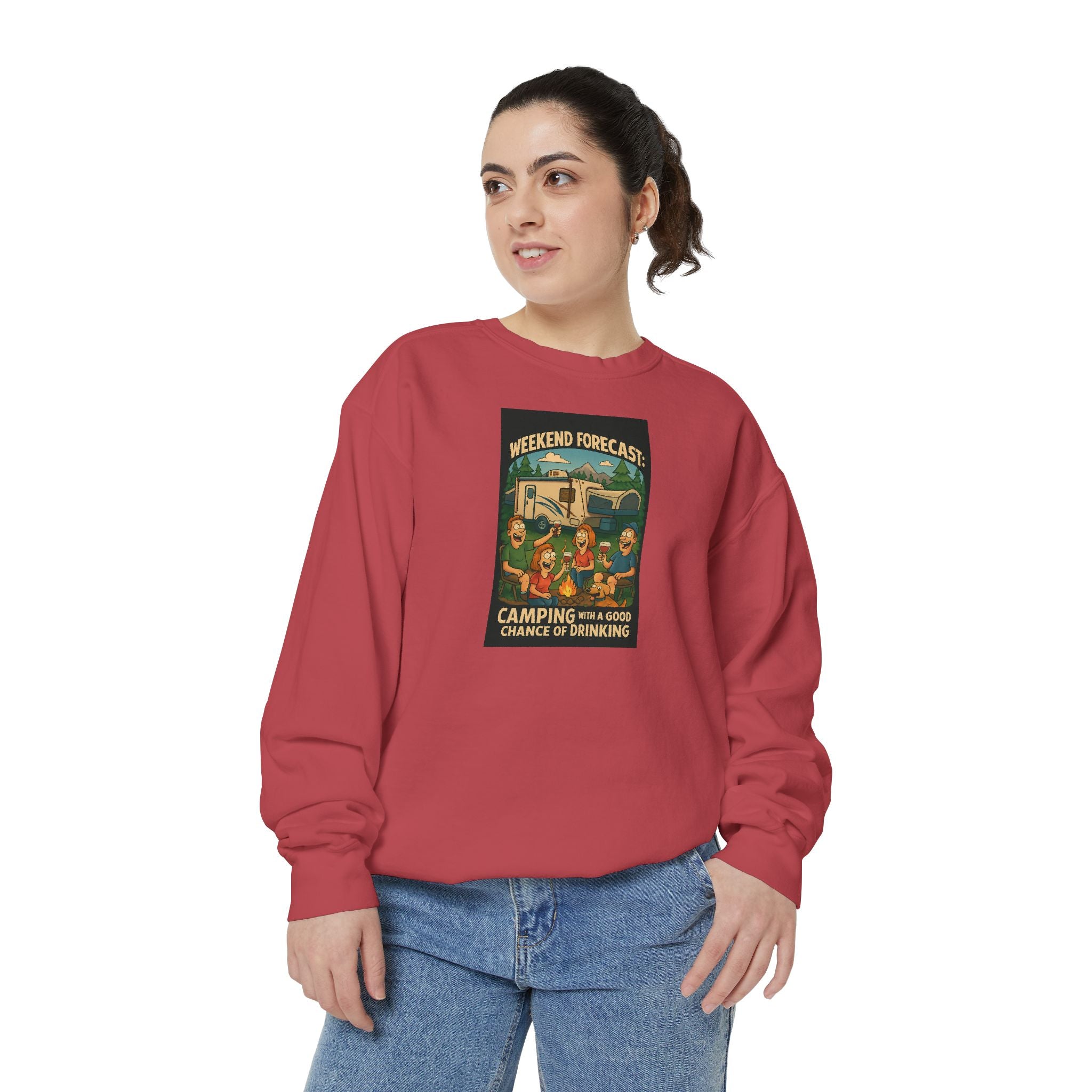 Weekend Forecast Camping Sweatshirt, Cozy Unisex Sweatshirt, Gift for Campers, Outdoor Adventure Apparel, Relaxed Fit Sweatshirt