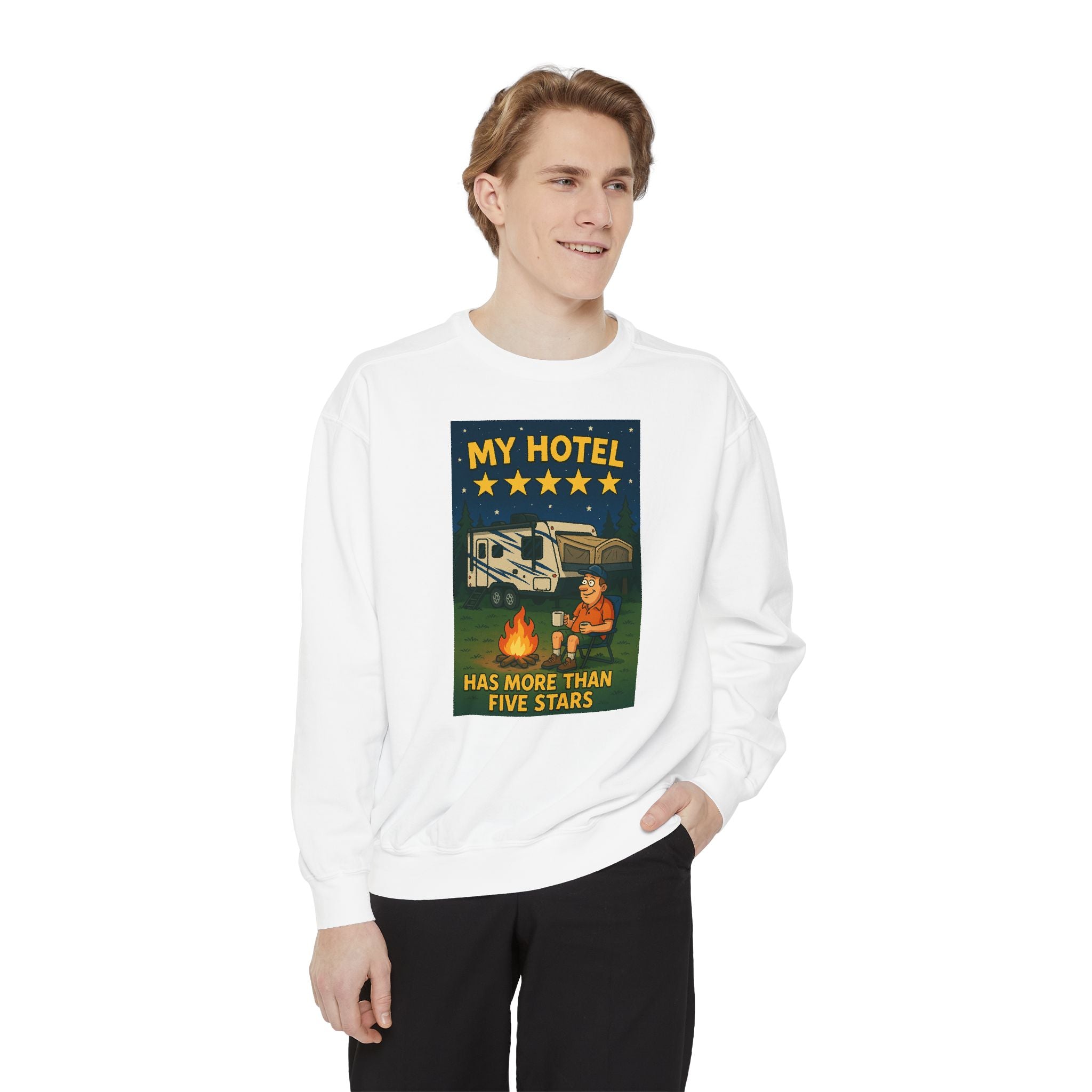 My Hotel Sweatshirt - Cozy Camping Apparel, Unisex Garment-Dyed Sweatshirt for Outdoor Lovers, Perfect for Bonfire Nights, Gift for Campers