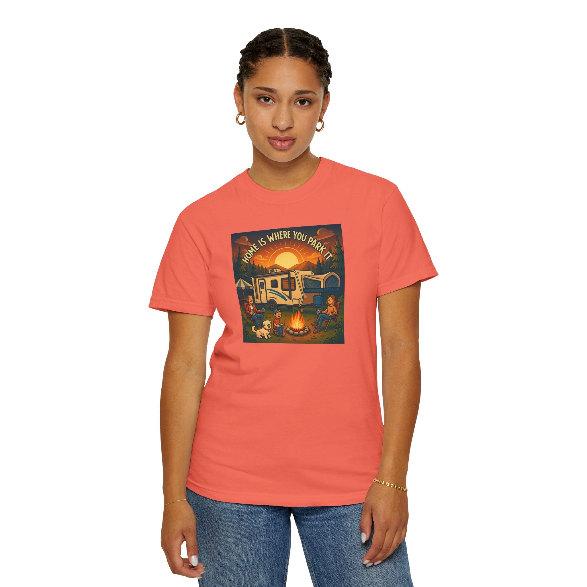 Home Is Where You Park T-shirt - Unisex Garment-Dyed Tee for Campers, Adventure Lovers, Outdoor Enthusiasts, Gift Idea