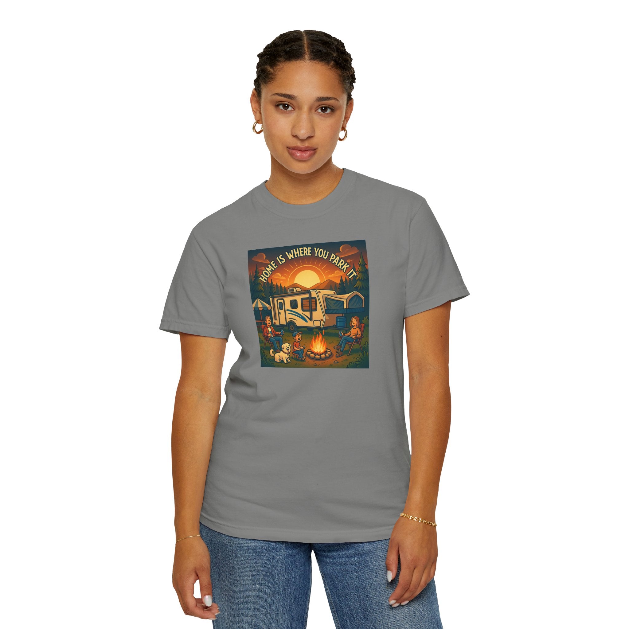 Home Is Where You Park T-shirt - Unisex Garment-Dyed Tee for Campers, Adventure Lovers, Outdoor Enthusiasts, Gift Idea