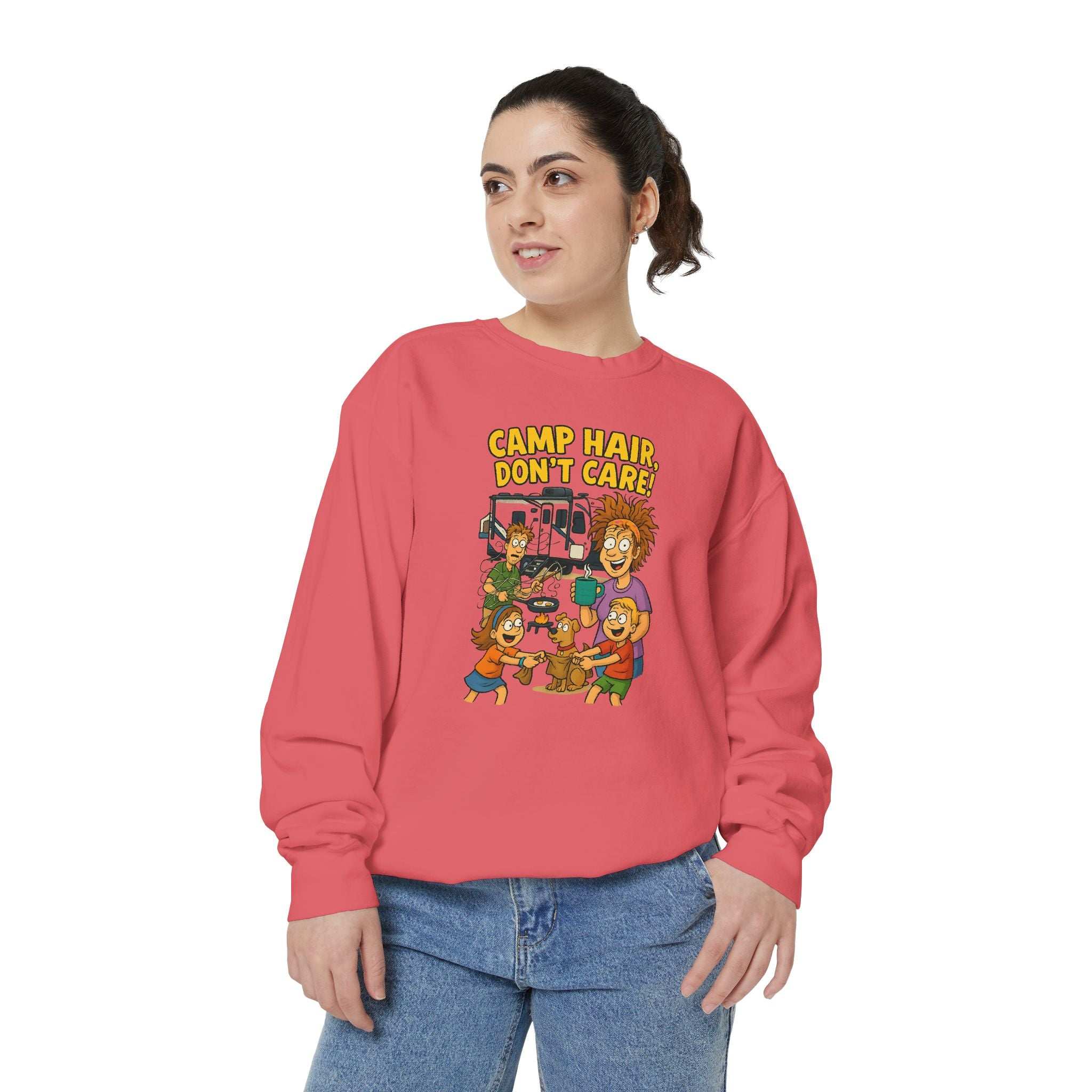 Camp Hair Don't Care Sweatshirt, Cozy Unisex Sweater, Perfect for Campers, Gift for Travel Lovers, Casual Outfit, All Season