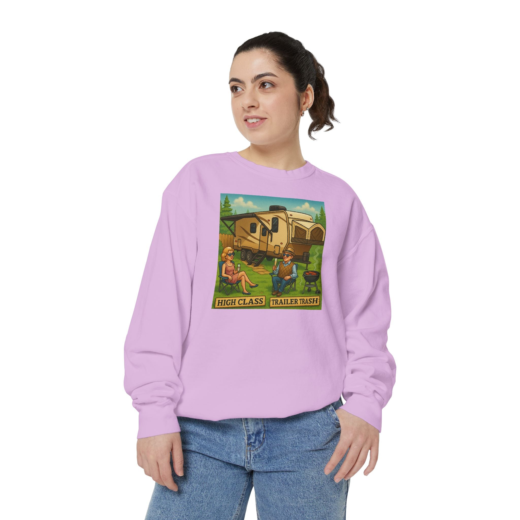 Vintage-Inspired Unisex Sweatshirt with 'High Class Trail Trash' Design