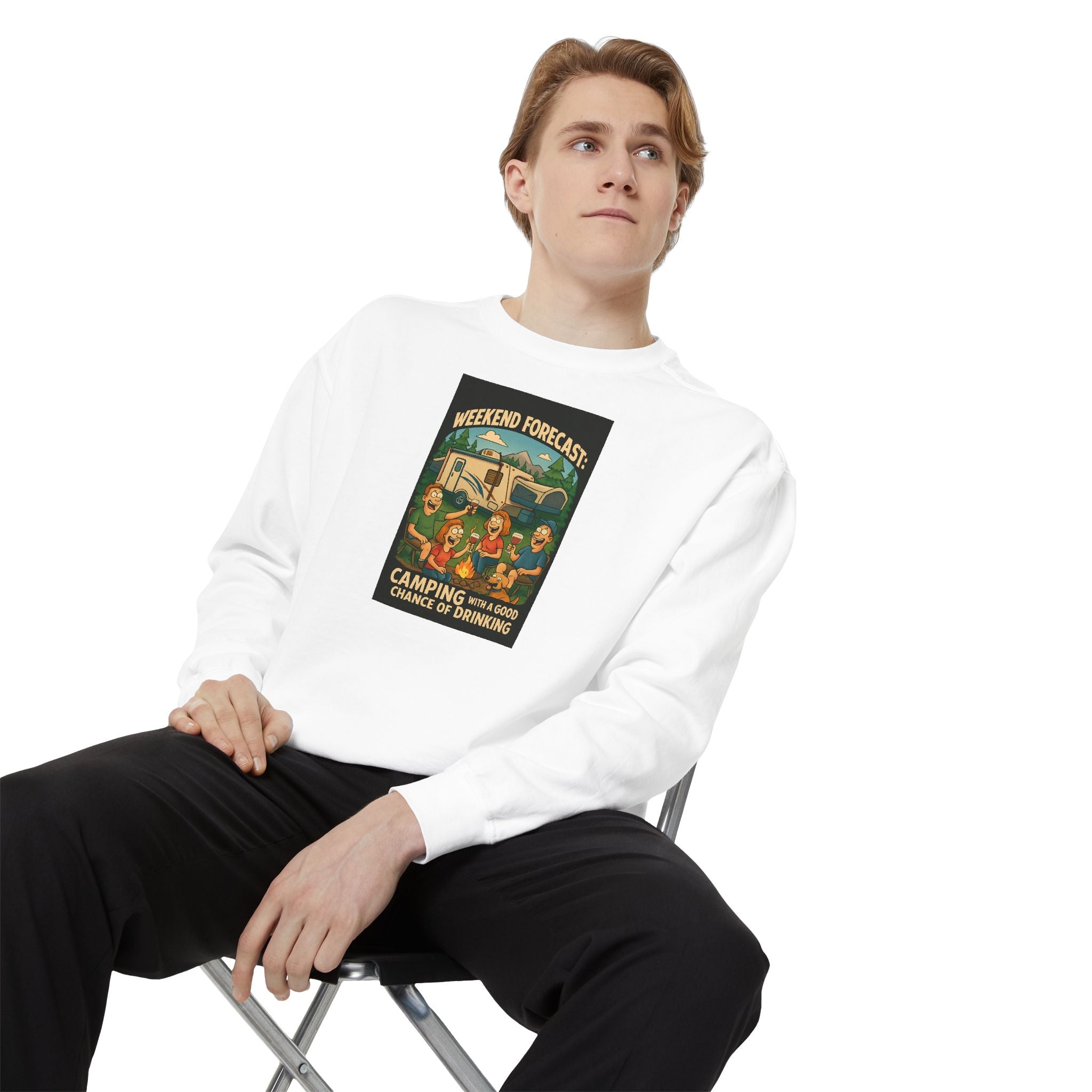 Weekend Forecast Camping Sweatshirt, Cozy Unisex Sweatshirt, Gift for Campers, Outdoor Adventure Apparel, Relaxed Fit Sweatshirt