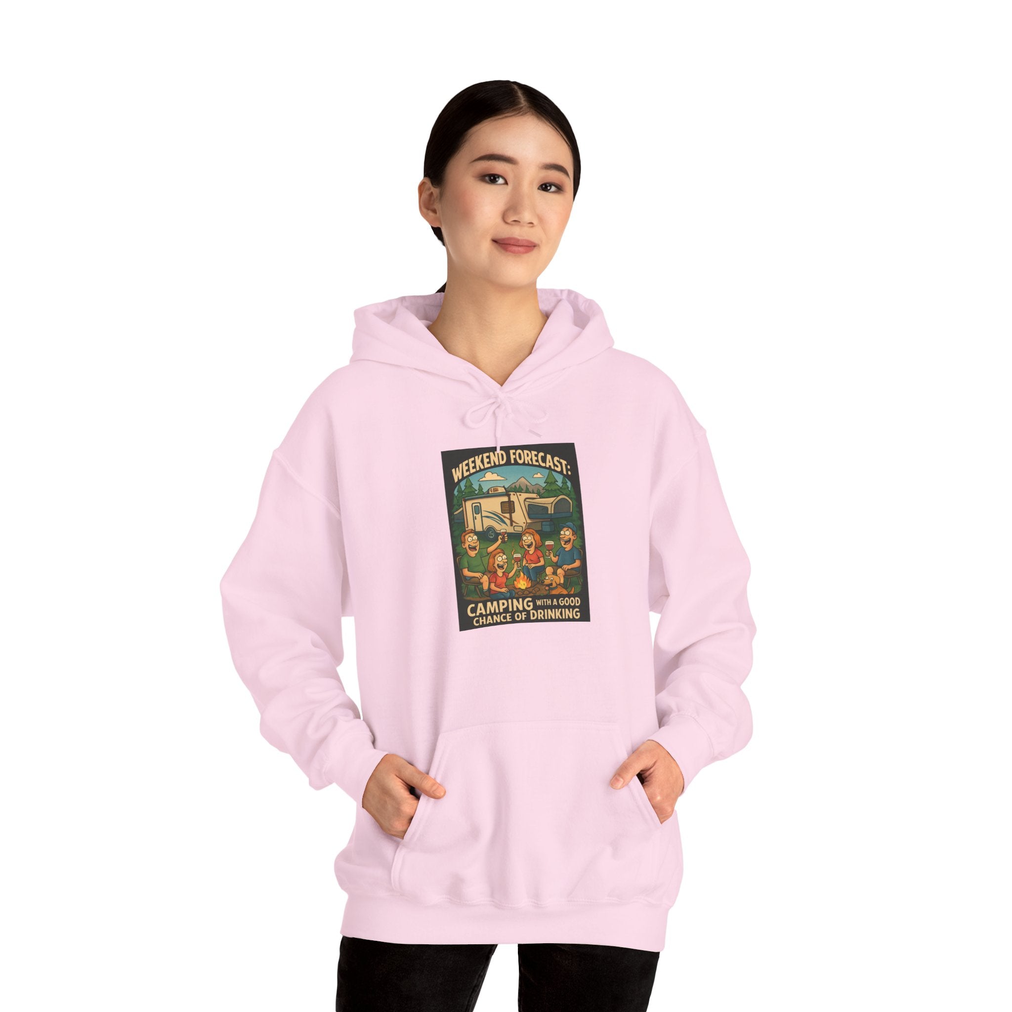 Camping Forecast Graphic Hoodie, Unisex Heavy Blend Sweatshirt, Outdoor Apparel, Weekend Getaway Gift, Nature Lover Clothing