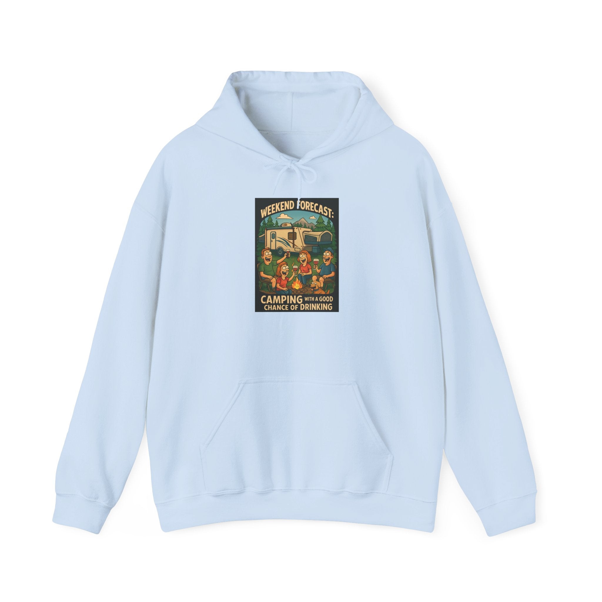 Camping Forecast Graphic Hoodie, Unisex Heavy Blend Sweatshirt, Outdoor Apparel, Weekend Getaway Gift, Nature Lover Clothing