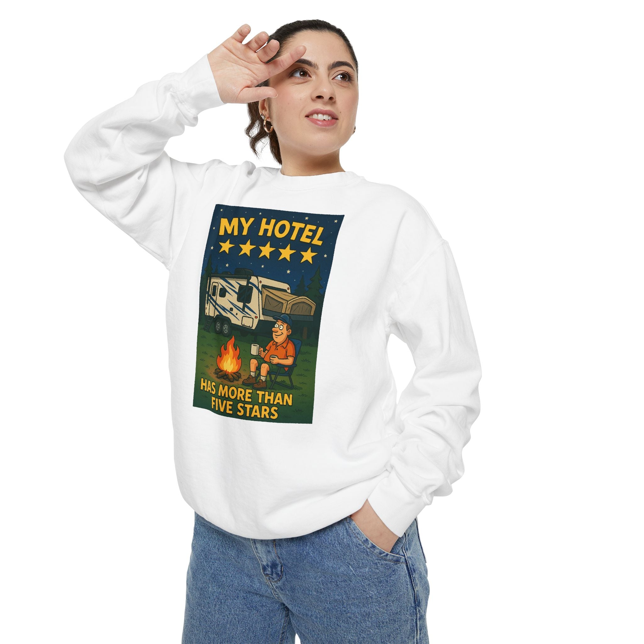 My Hotel Sweatshirt - Cozy Camping Apparel, Unisex Garment-Dyed Sweatshirt for Outdoor Lovers, Perfect for Bonfire Nights, Gift for Campers