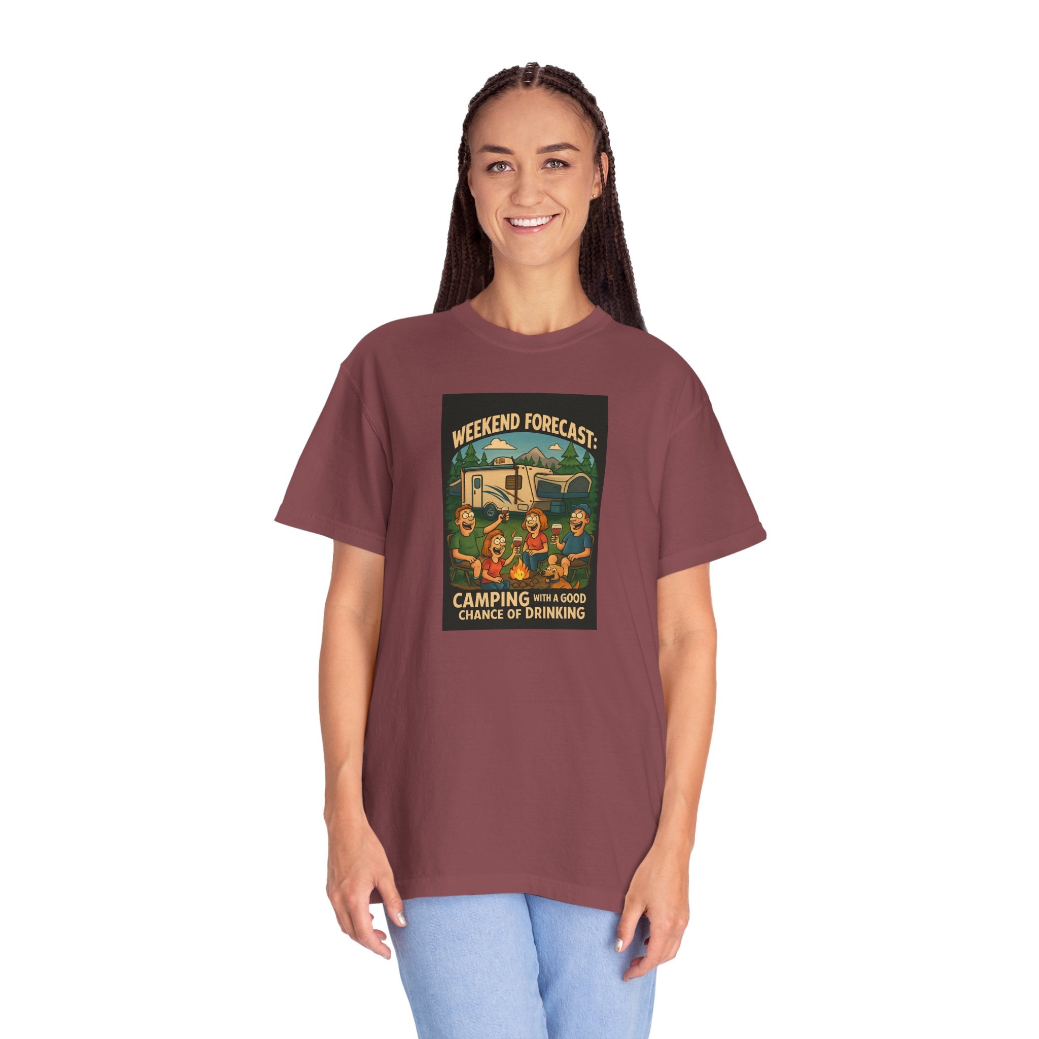 Camping Forecast T-Shirt, Unisex Graphic Tee, Gift for Campers, Outdoor Adventure Apparel, Weekend Getaway Shirt, Nature Lover's Tee