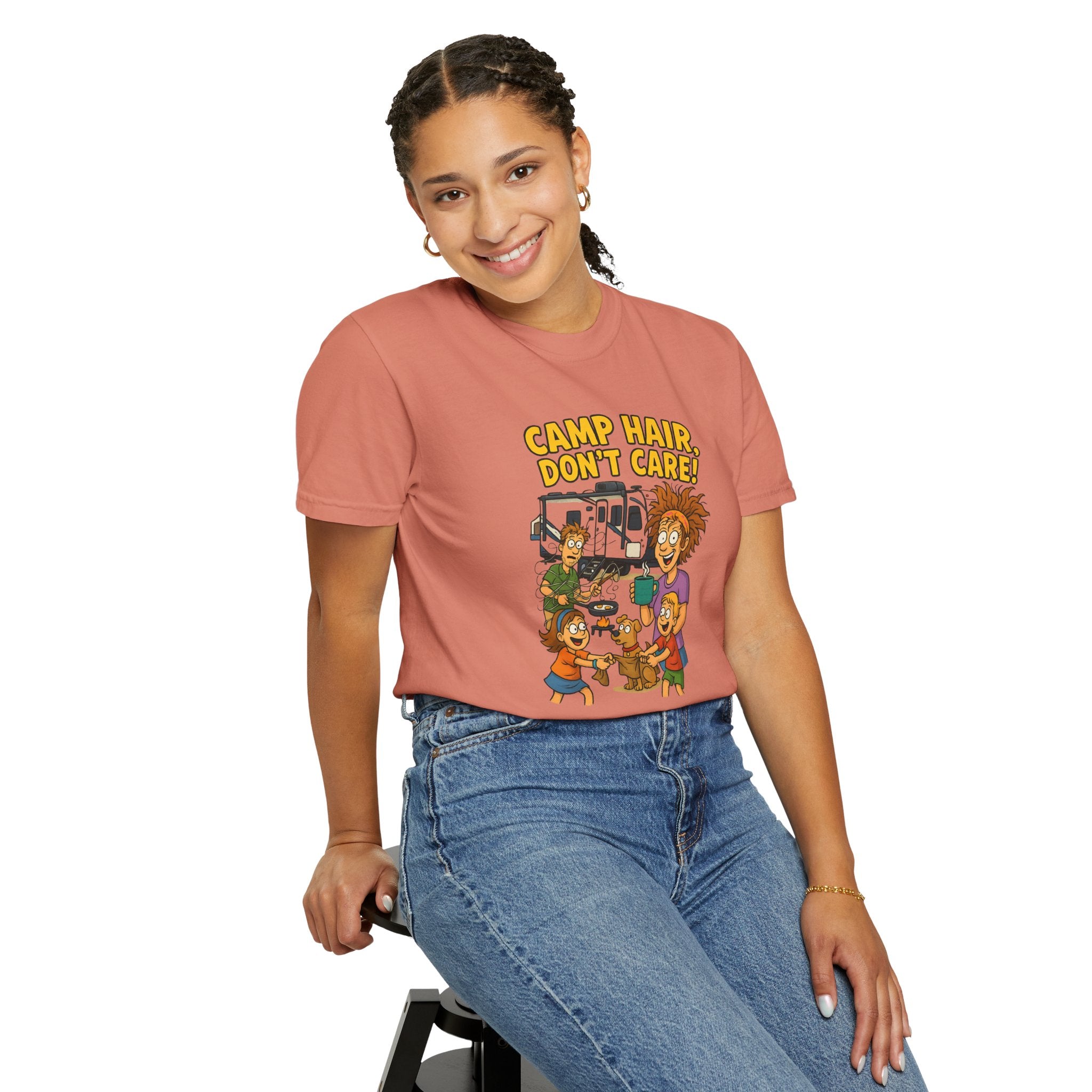 Camp Hair Don't Care T-Shirt, Unisex Garment-Dyed Tee, Camping Apparel, Funny Summer Shirt, Outdoor Lovers Gift, Vacation Essential