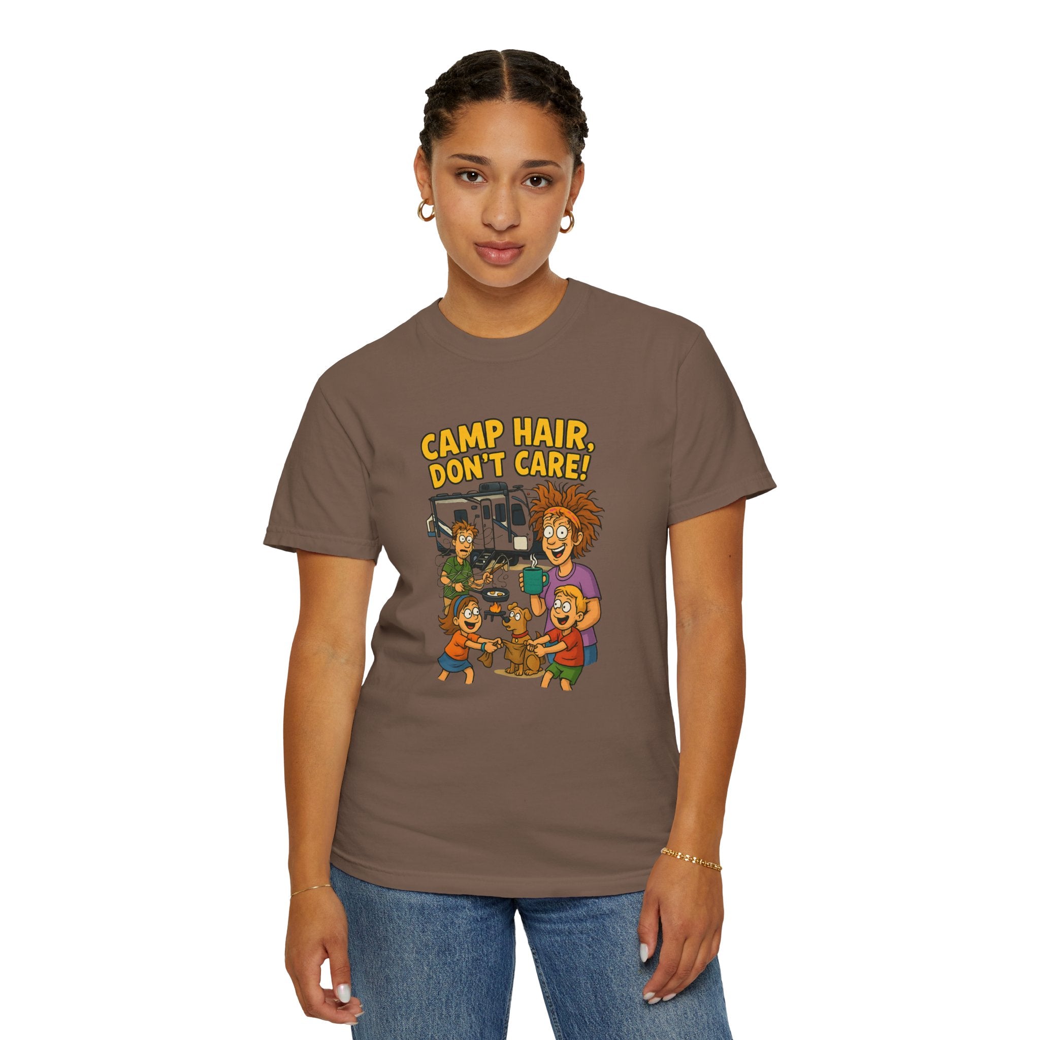 Camp Hair Don't Care T-Shirt, Unisex Garment-Dyed Tee, Camping Apparel, Funny Summer Shirt, Outdoor Lovers Gift, Vacation Essential