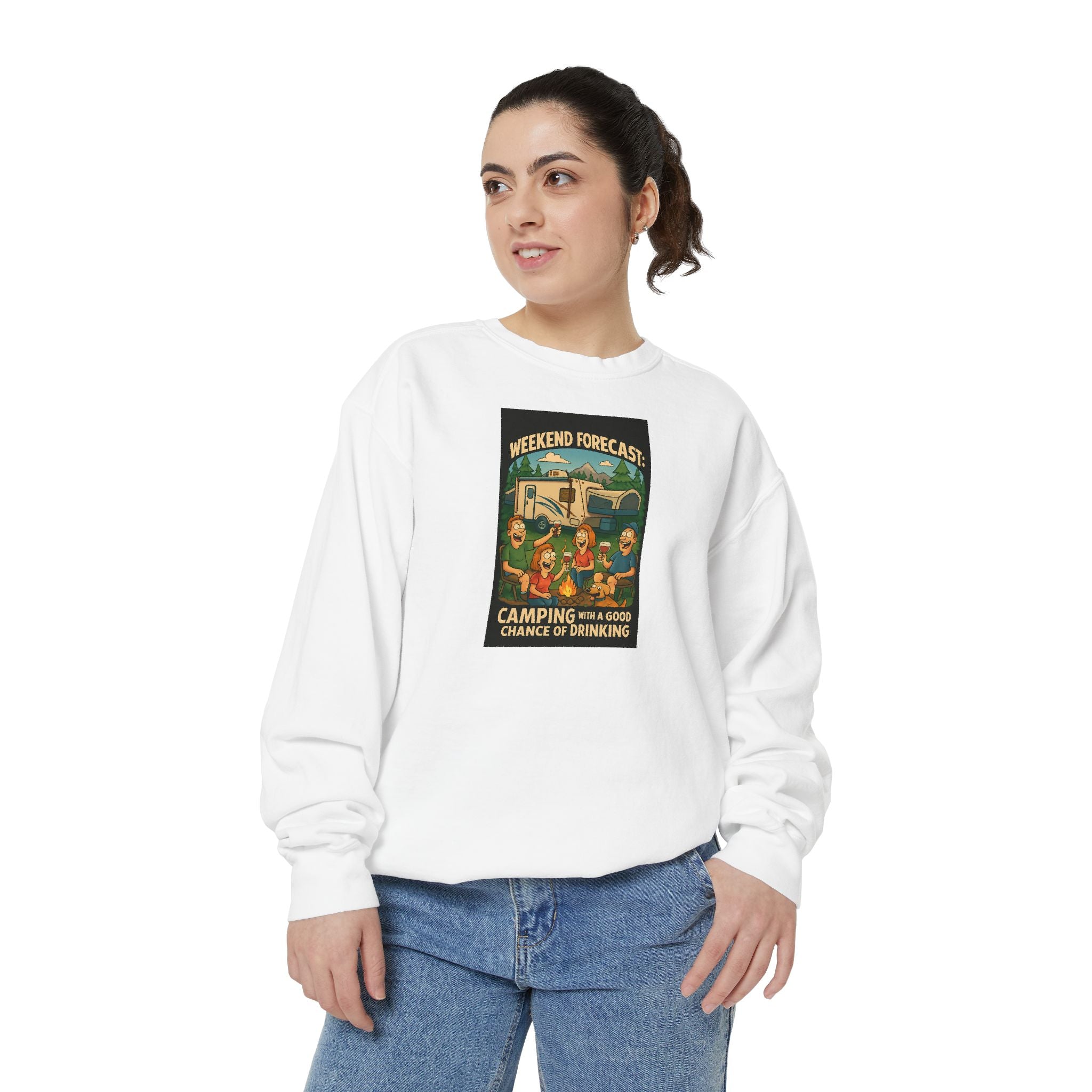 Weekend Forecast Camping Sweatshirt, Cozy Unisex Sweatshirt, Gift for Campers, Outdoor Adventure Apparel, Relaxed Fit Sweatshirt