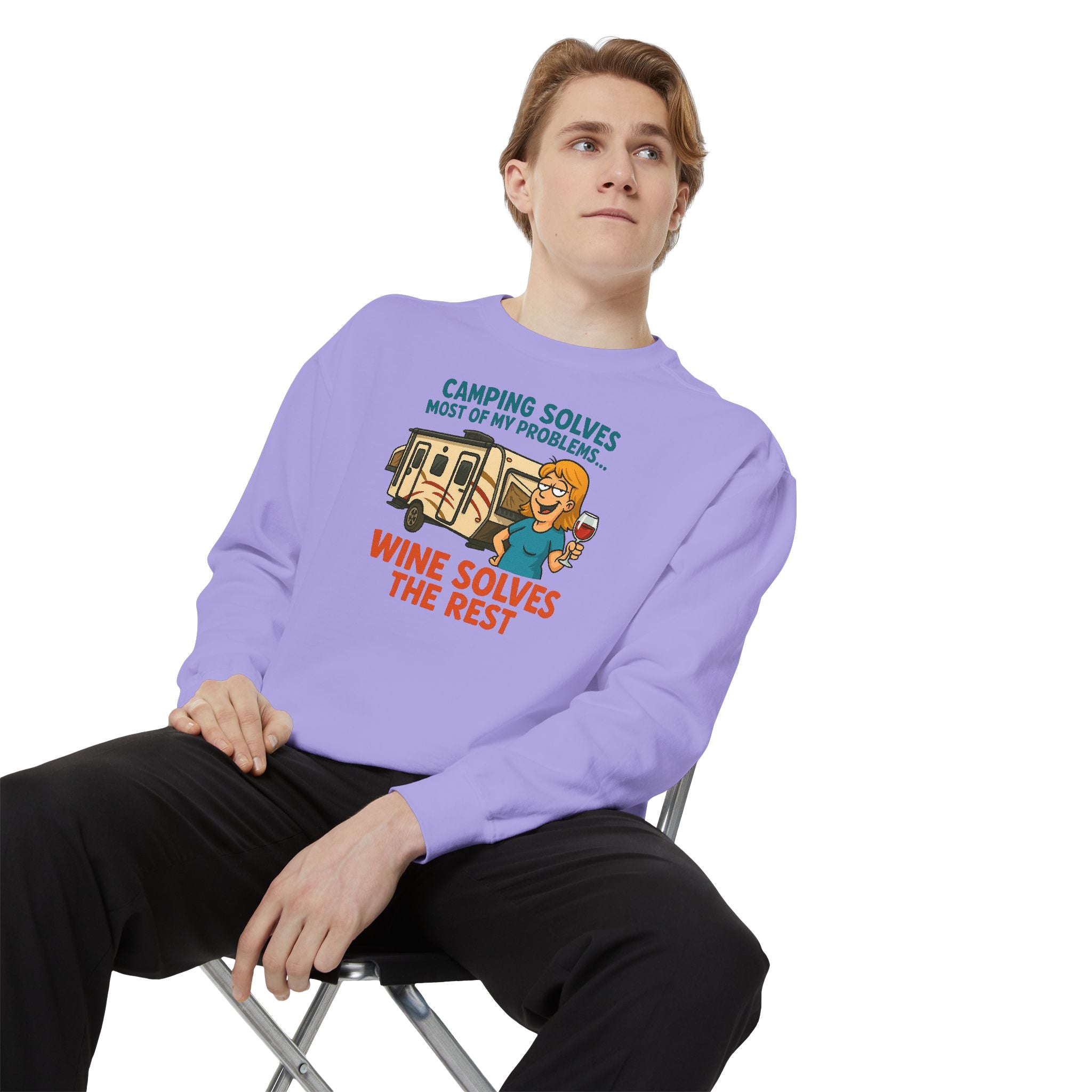 Camping Wine Sweatshirt | Unisex Garment-Dyed Pullover | Cozy Gift for Campers | Outdoor Adventures Apparel | Relaxed Fit Top