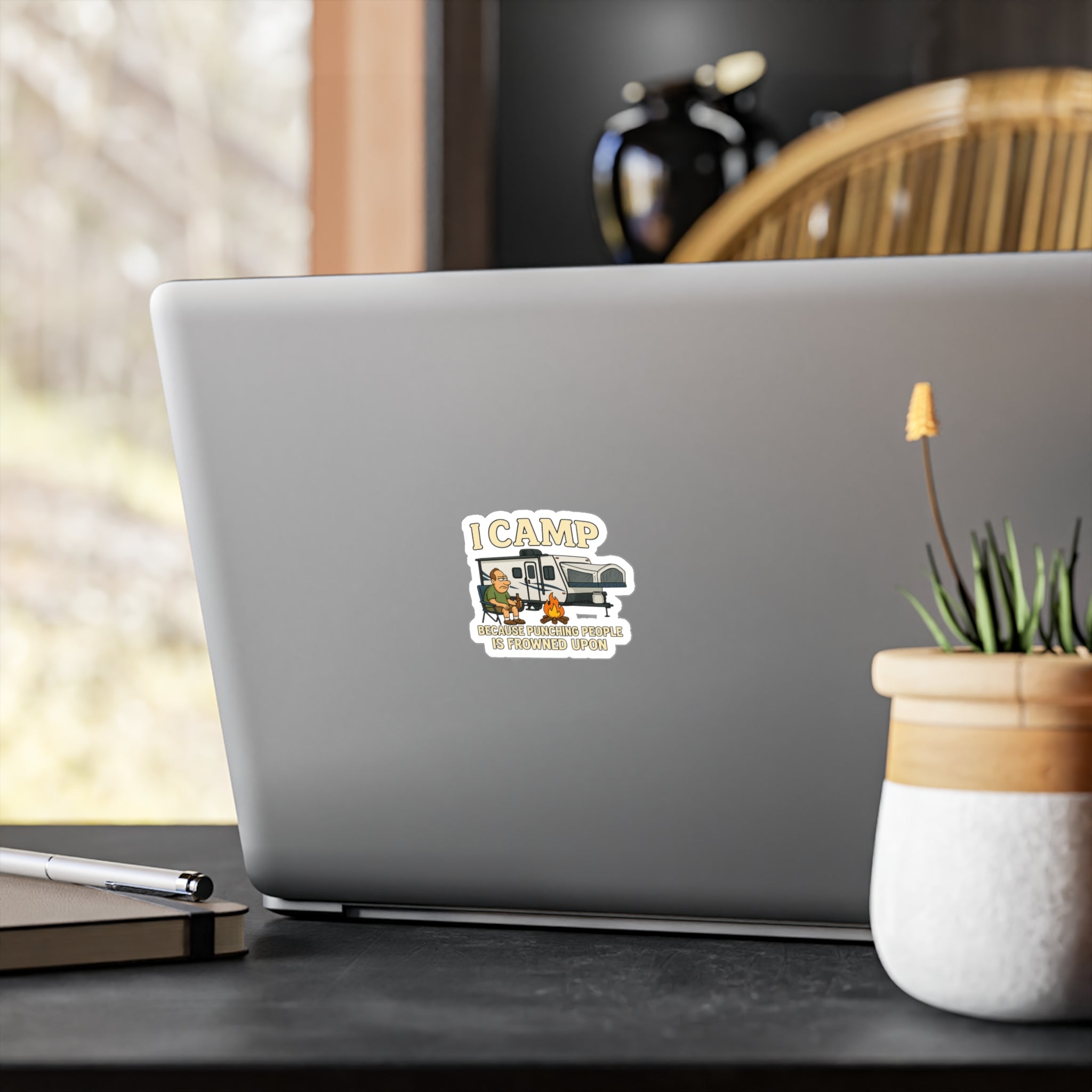 Camping Humor Vinyl Decal - 'I CAMP Because Punching People is Frowned Upon'