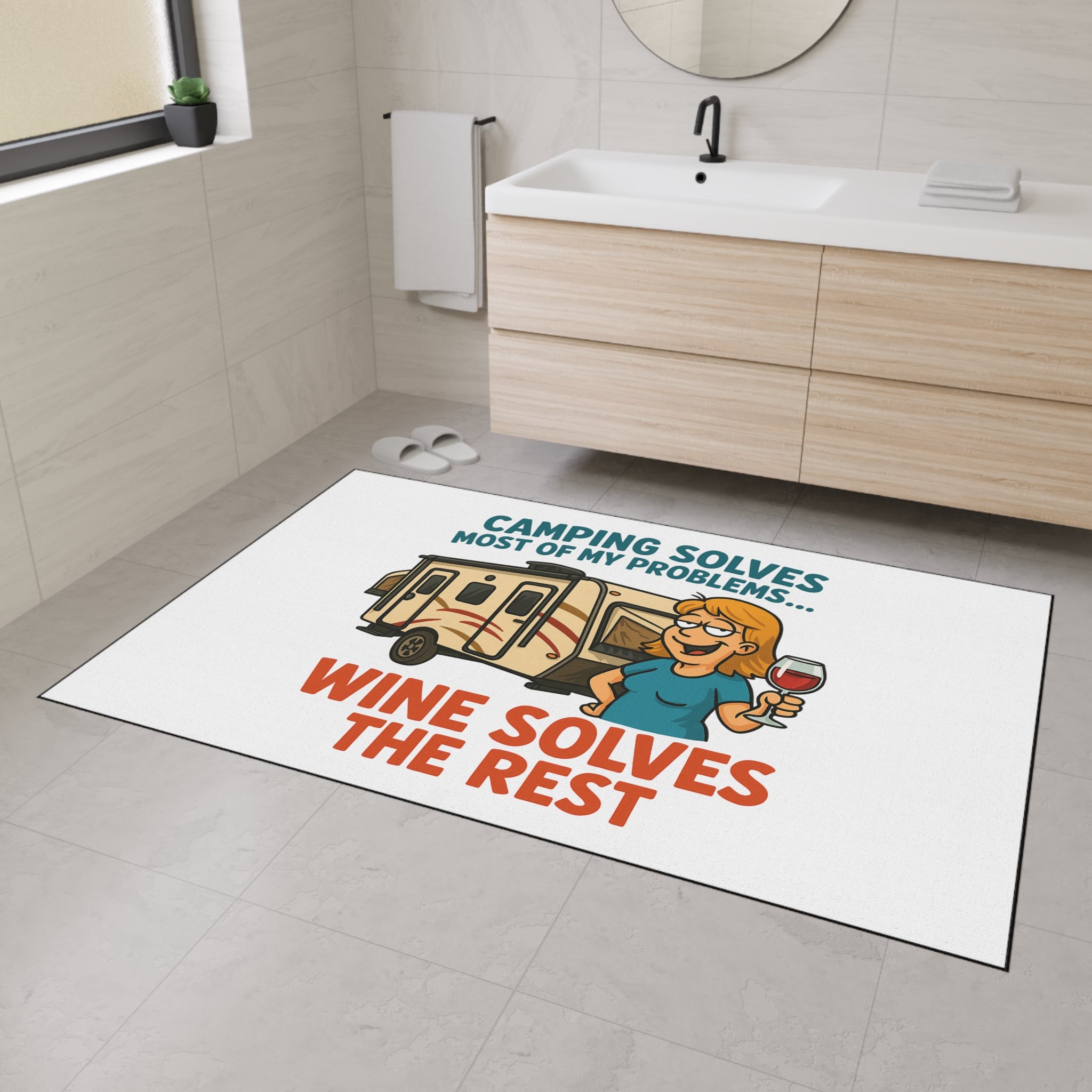 Camping Themed Floor Mat - 'Camping Solves... Wine Solves the Rest', Outdoor Decor, RV Accessories, Gift for Campers, Wine Lovers