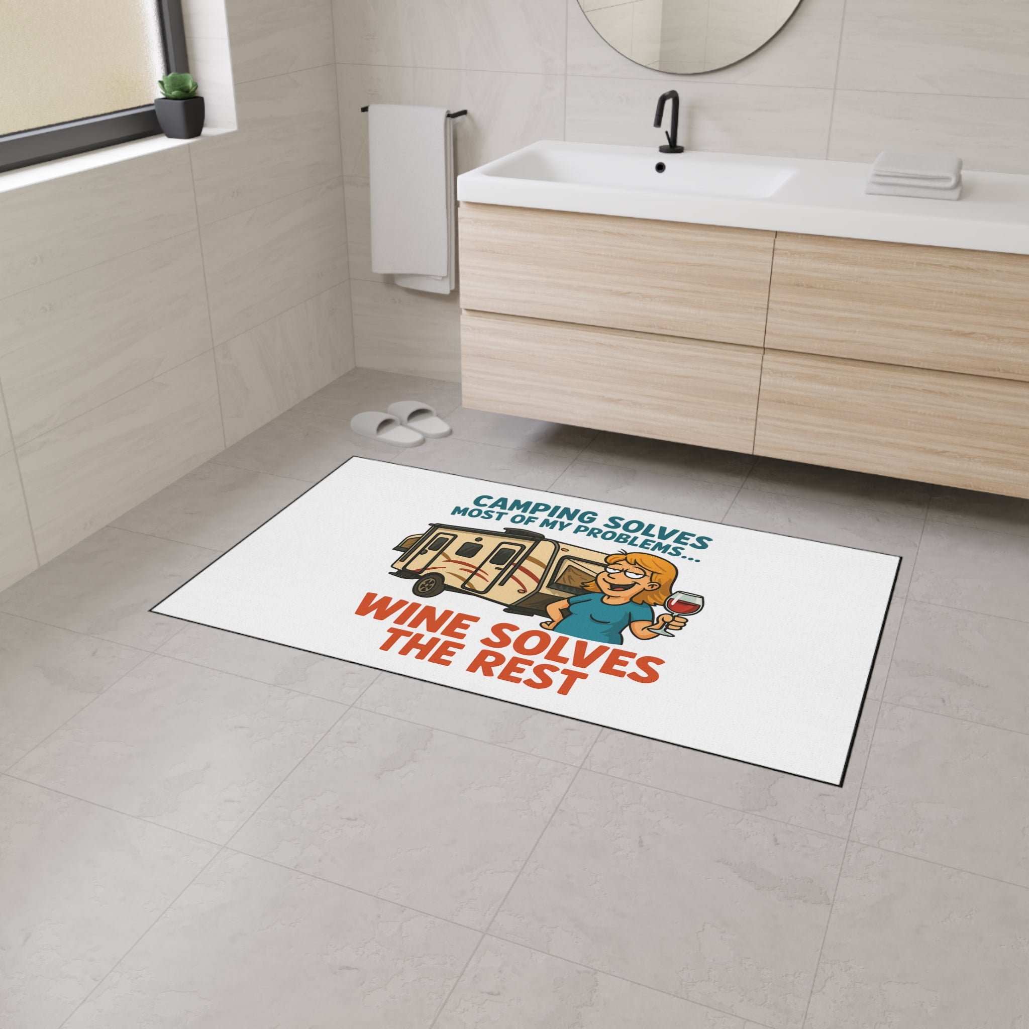Camping Themed Floor Mat - 'Camping Solves... Wine Solves the Rest', Outdoor Decor, RV Accessories, Gift for Campers, Wine Lovers