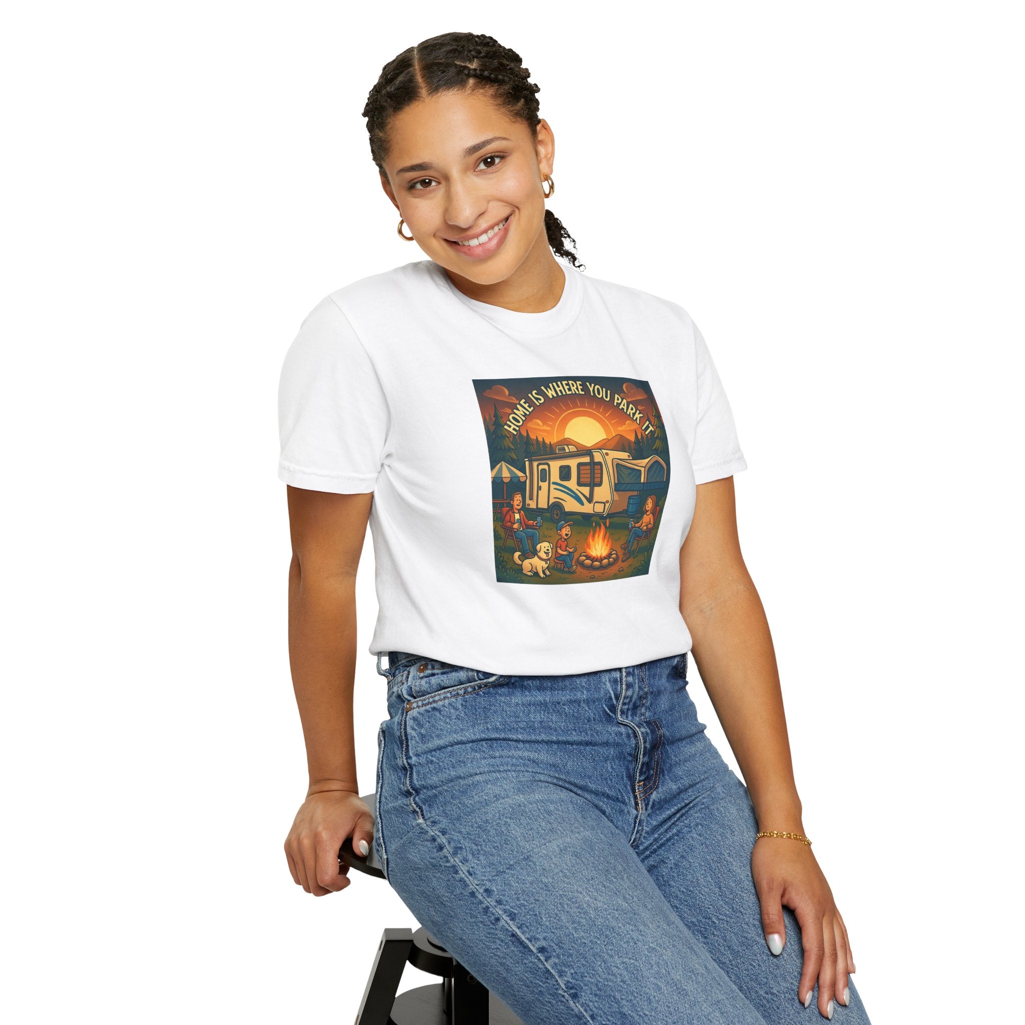 Home Is Where You Park T-shirt - Unisex Garment-Dyed Tee for Campers, Adventure Lovers, Outdoor Enthusiasts, Gift Idea
