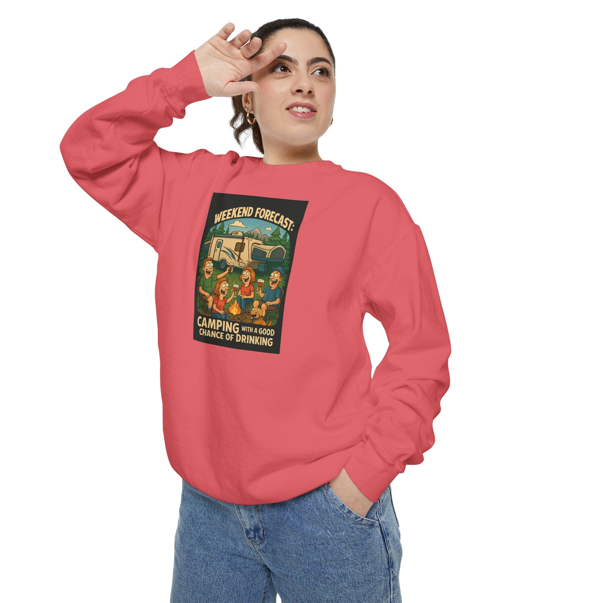 Weekend Forecast Camping Sweatshirt, Cozy Unisex Sweatshirt, Gift for Campers, Outdoor Adventure Apparel, Relaxed Fit Sweatshirt