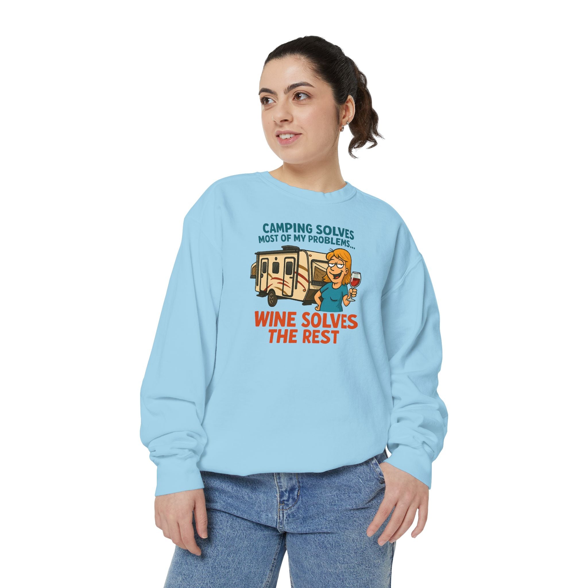 Camping Wine Sweatshirt | Unisex Garment-Dyed Pullover | Cozy Gift for Campers | Outdoor Adventures Apparel | Relaxed Fit Top