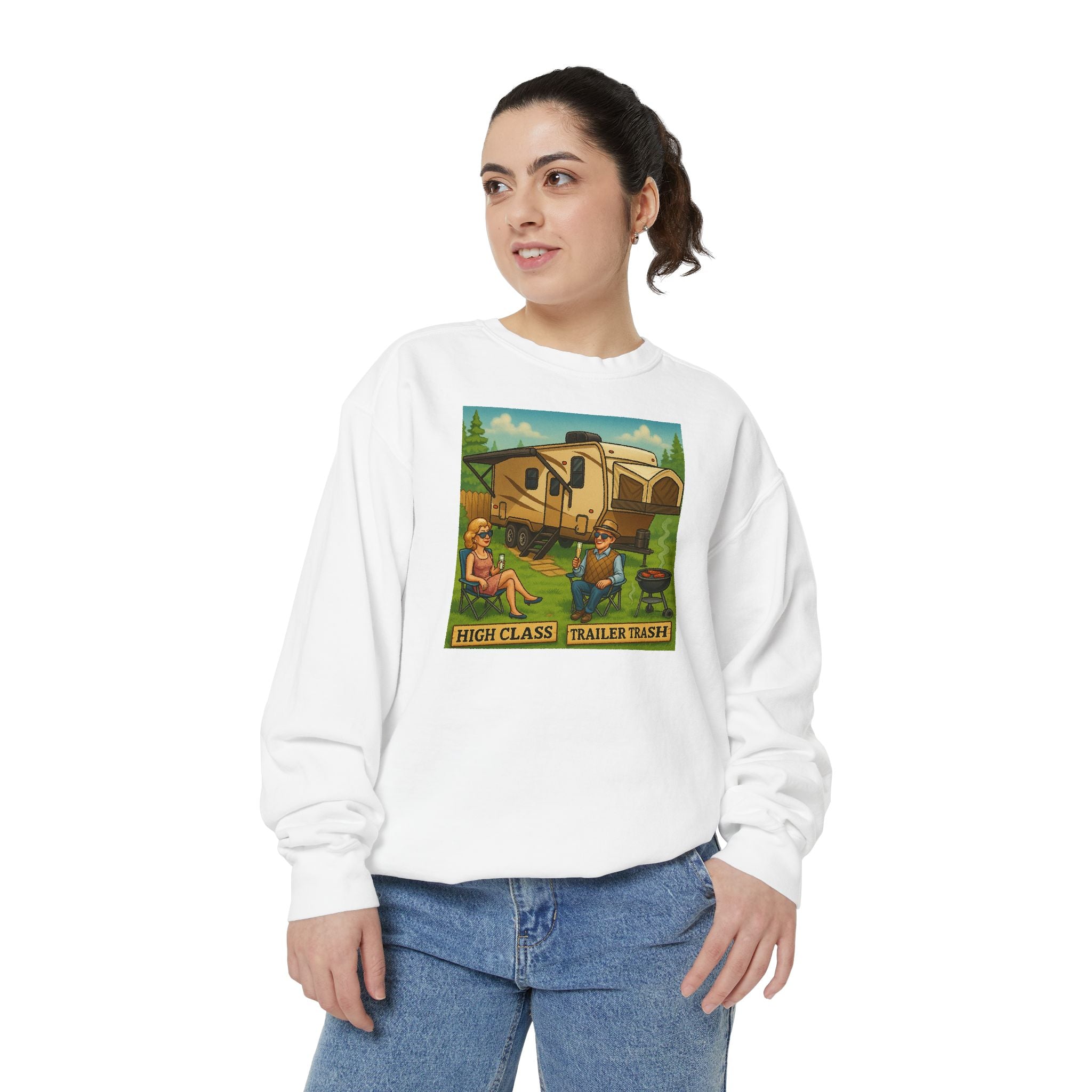 Vintage-Inspired Unisex Sweatshirt with 'High Class Trail Trash' Design