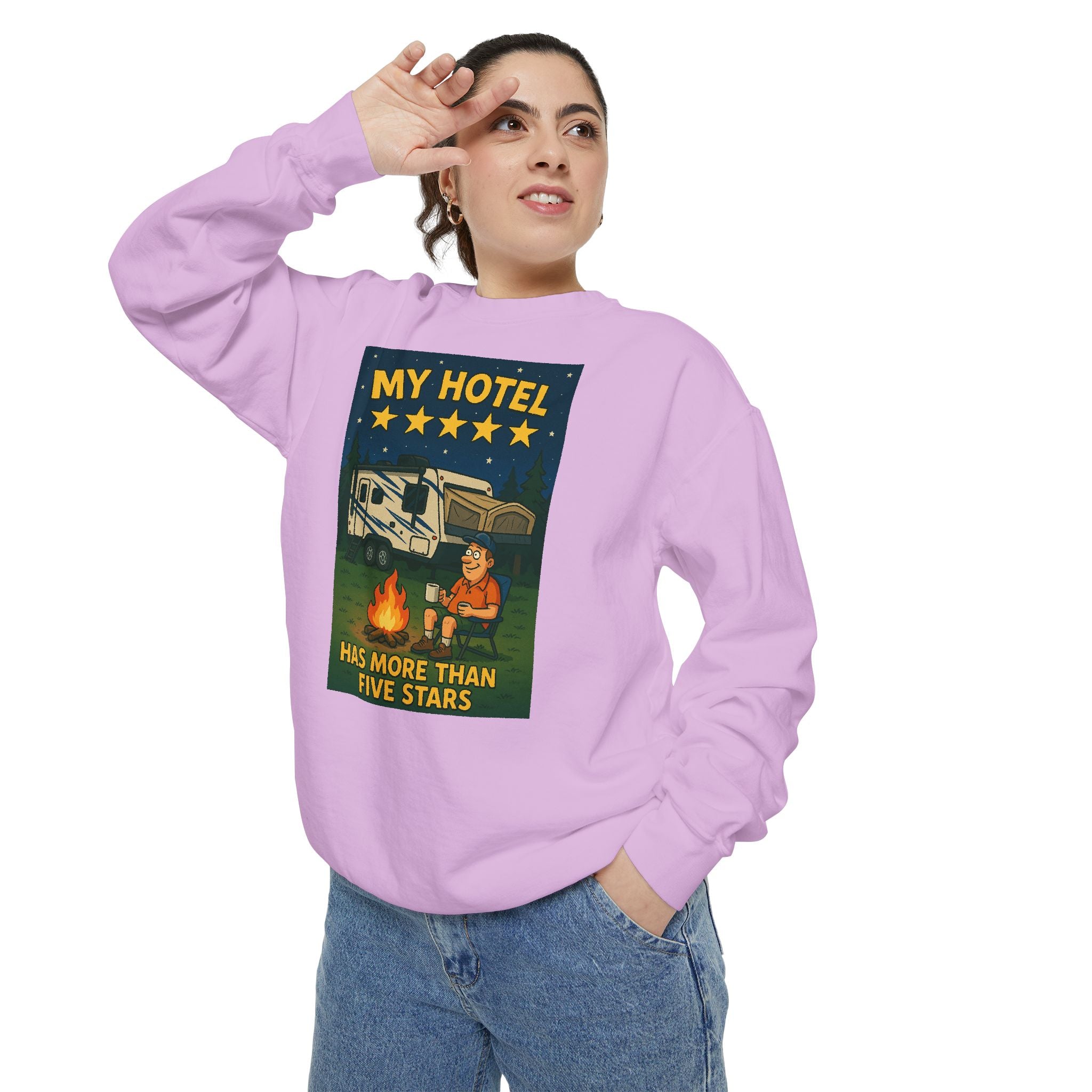 My Hotel Sweatshirt - Cozy Camping Apparel, Unisex Garment-Dyed Sweatshirt for Outdoor Lovers, Perfect for Bonfire Nights, Gift for Campers