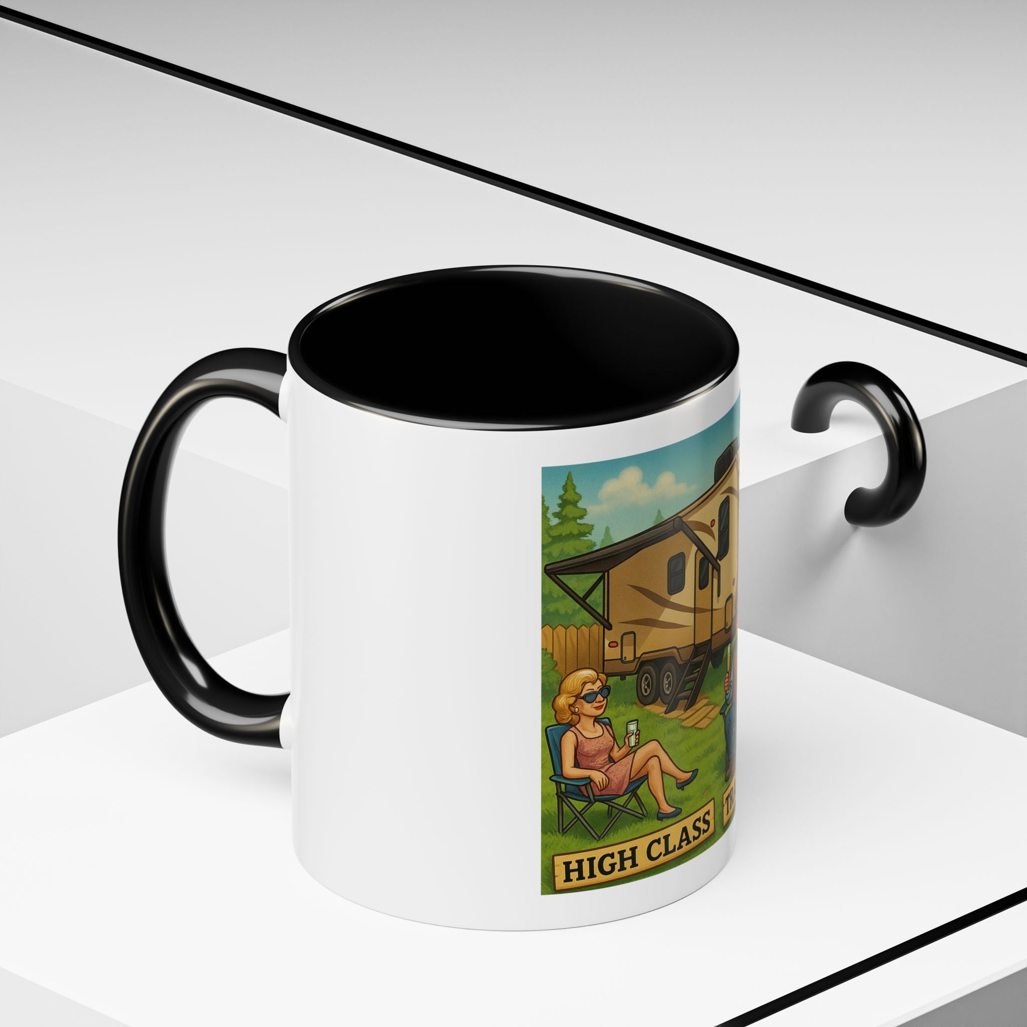 High Class Trailer Trash Coffee Mug - Fun Campfire Ceramic Tea Cup